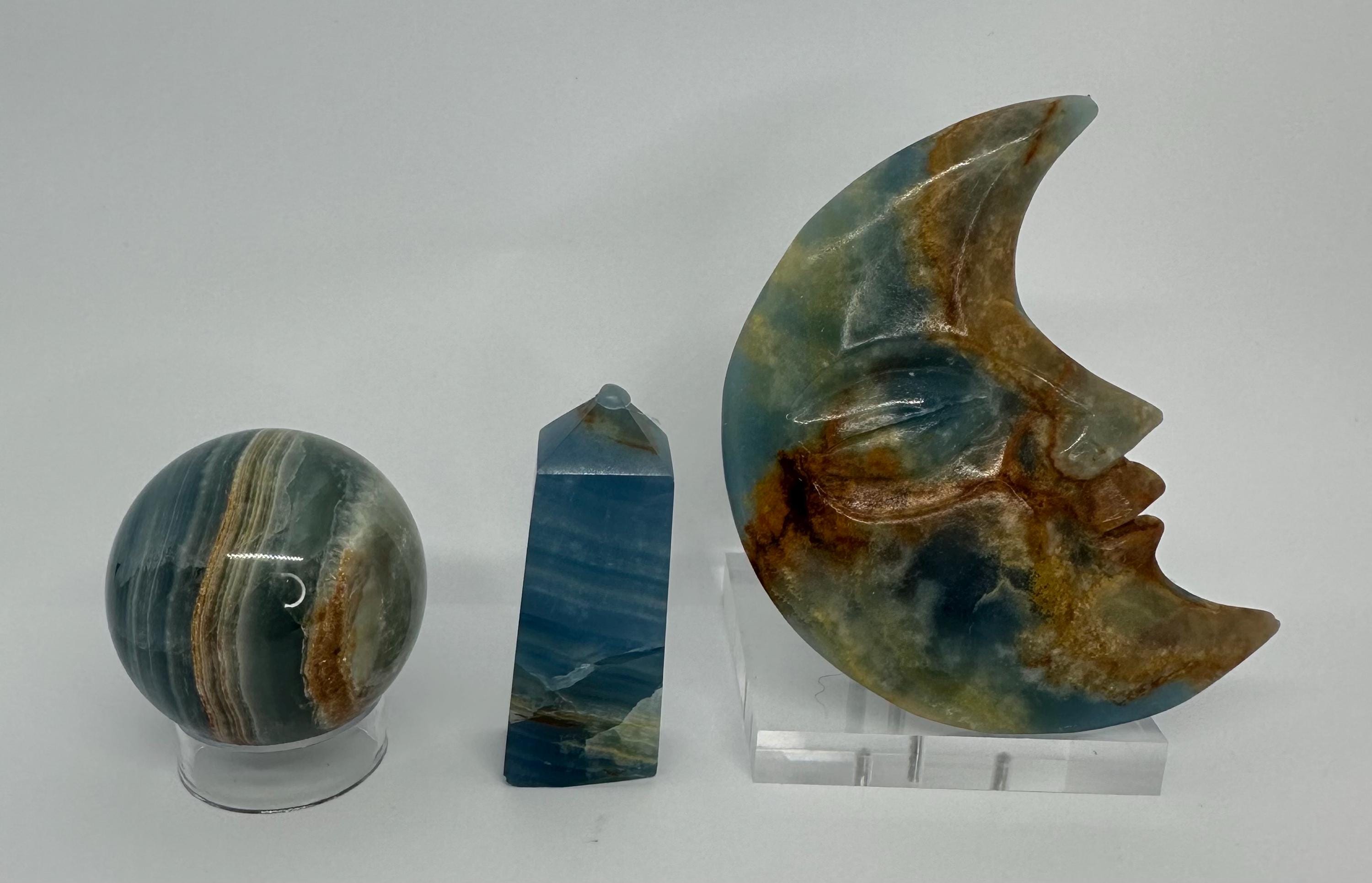 Aquatine Lemurian Trio: Sphere, Mini Tower & Crescent Moon Face
