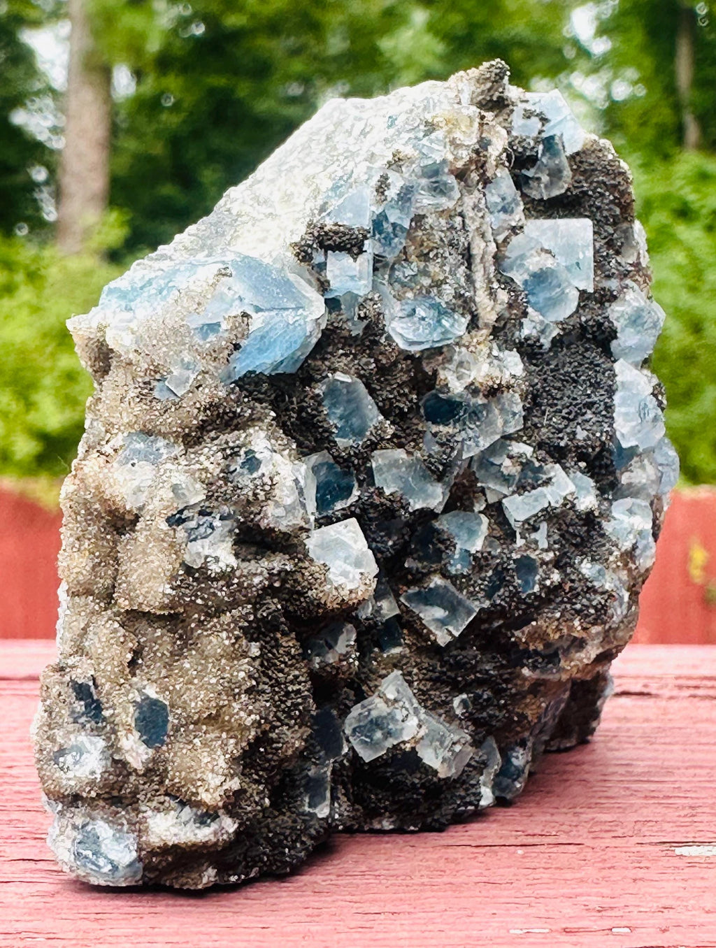 144 Grams Uncommon Self Standing Blue cubic Fluorite formed on a bed of Smokey Druzy Quartz