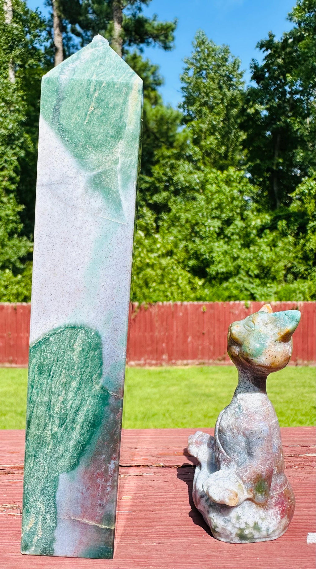 Ocean's Embrace Duo: Rare Ocean Jasper Druzy Cave & Meditating Cat Carving