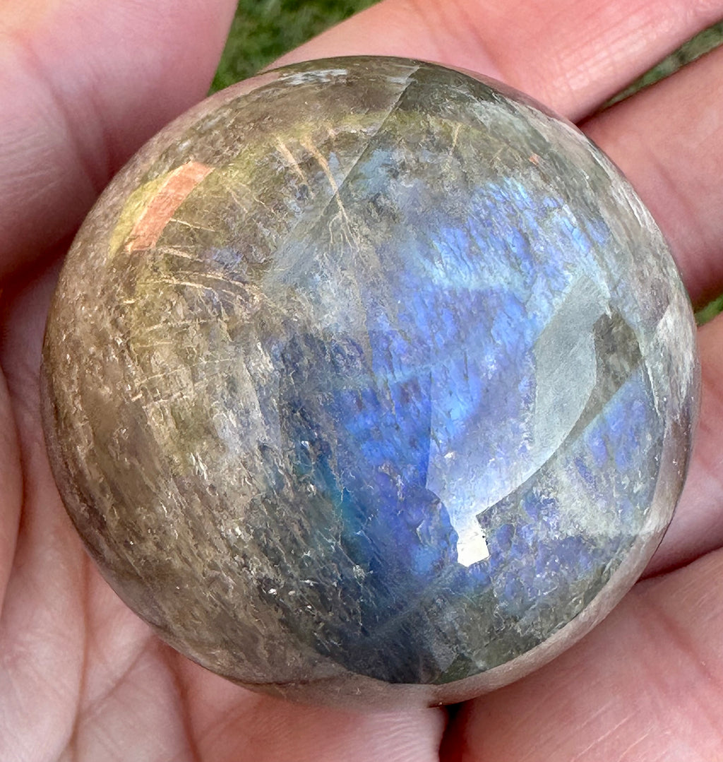 Black Moonstone Sphere with Blue Flash & Rainbow Fire, Madagascar