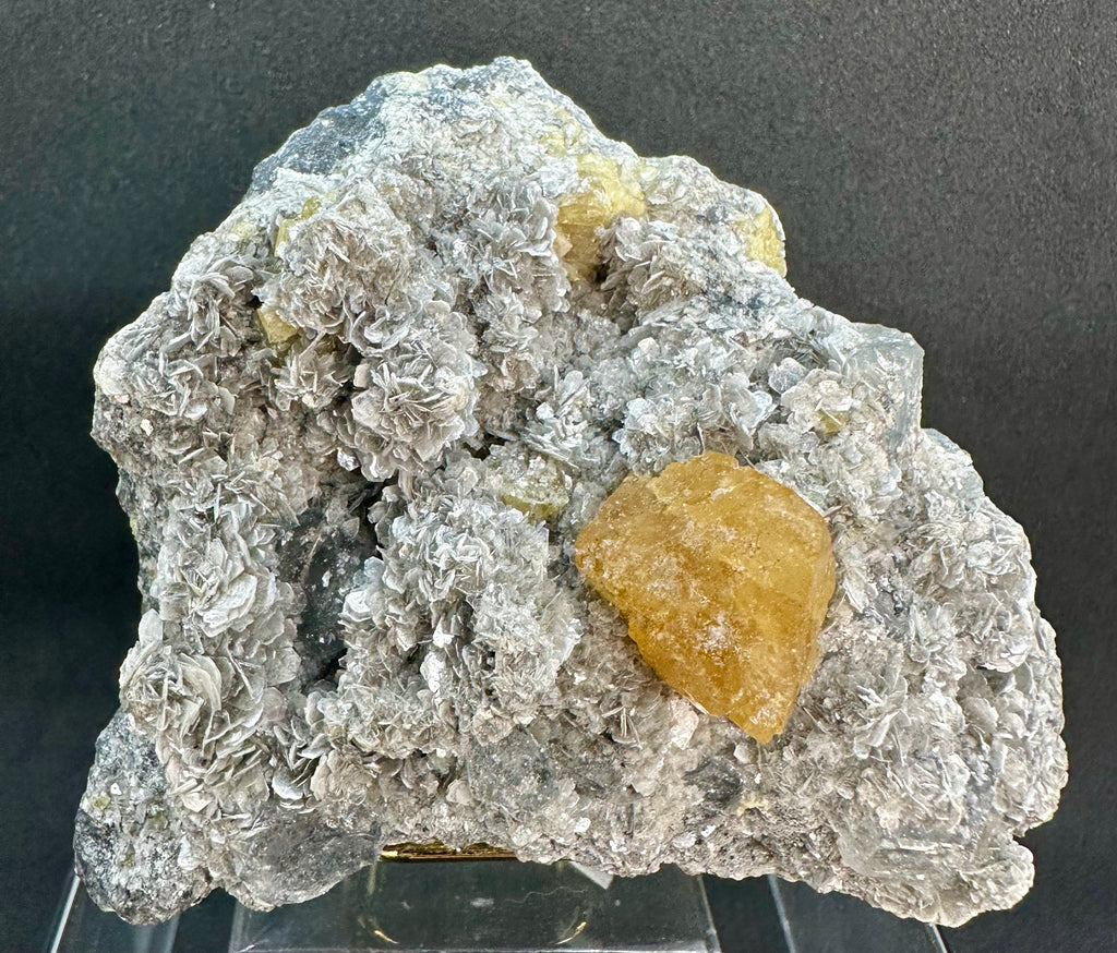 Clear Aquamarine, Golden Scheelite, and Silvery Muscovite from Mt. Xuebaoding, Pingwu County, Sichuan, China