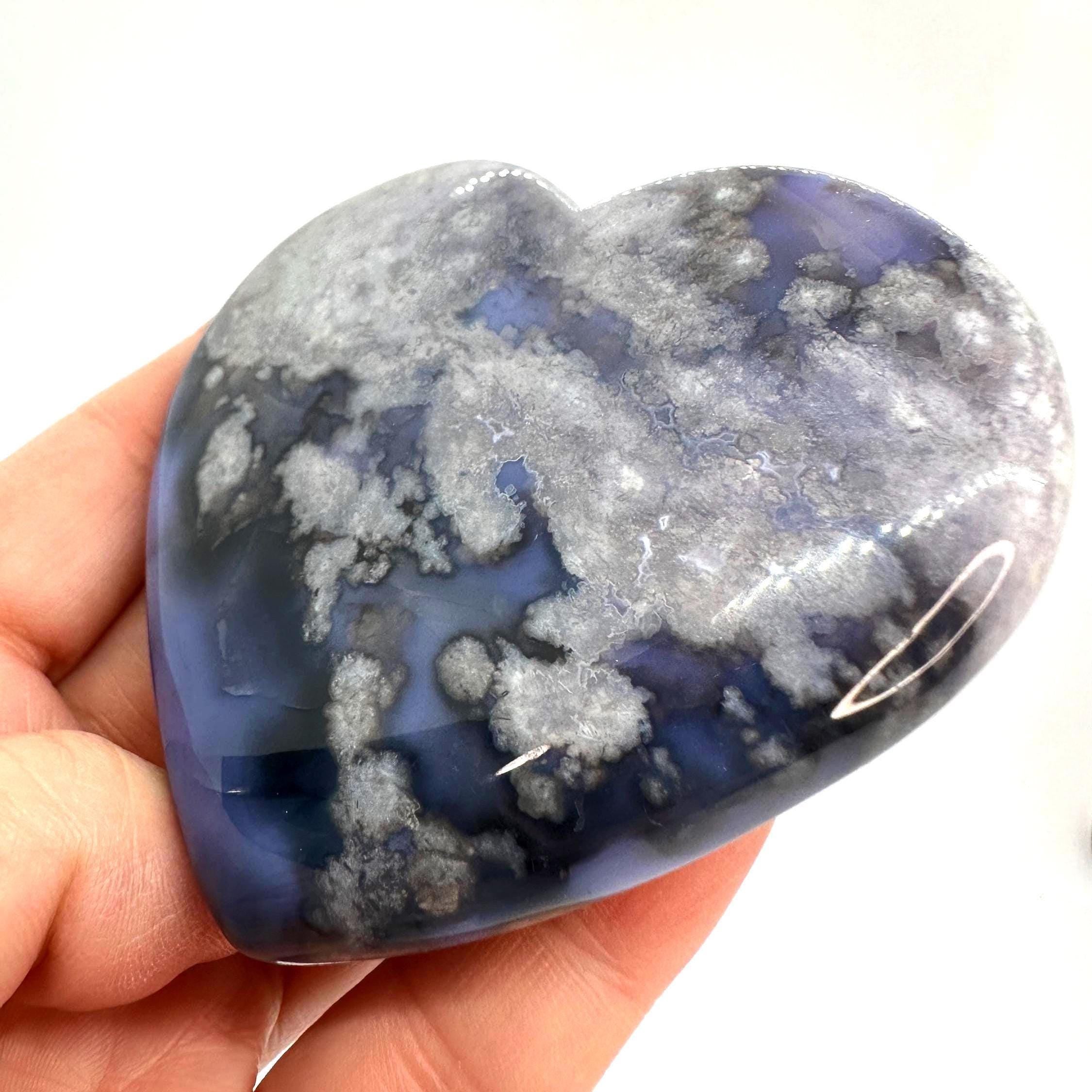 Blue Flower Agate Heart, Sphere & Wand Set with Acacia Stand from Madagascar