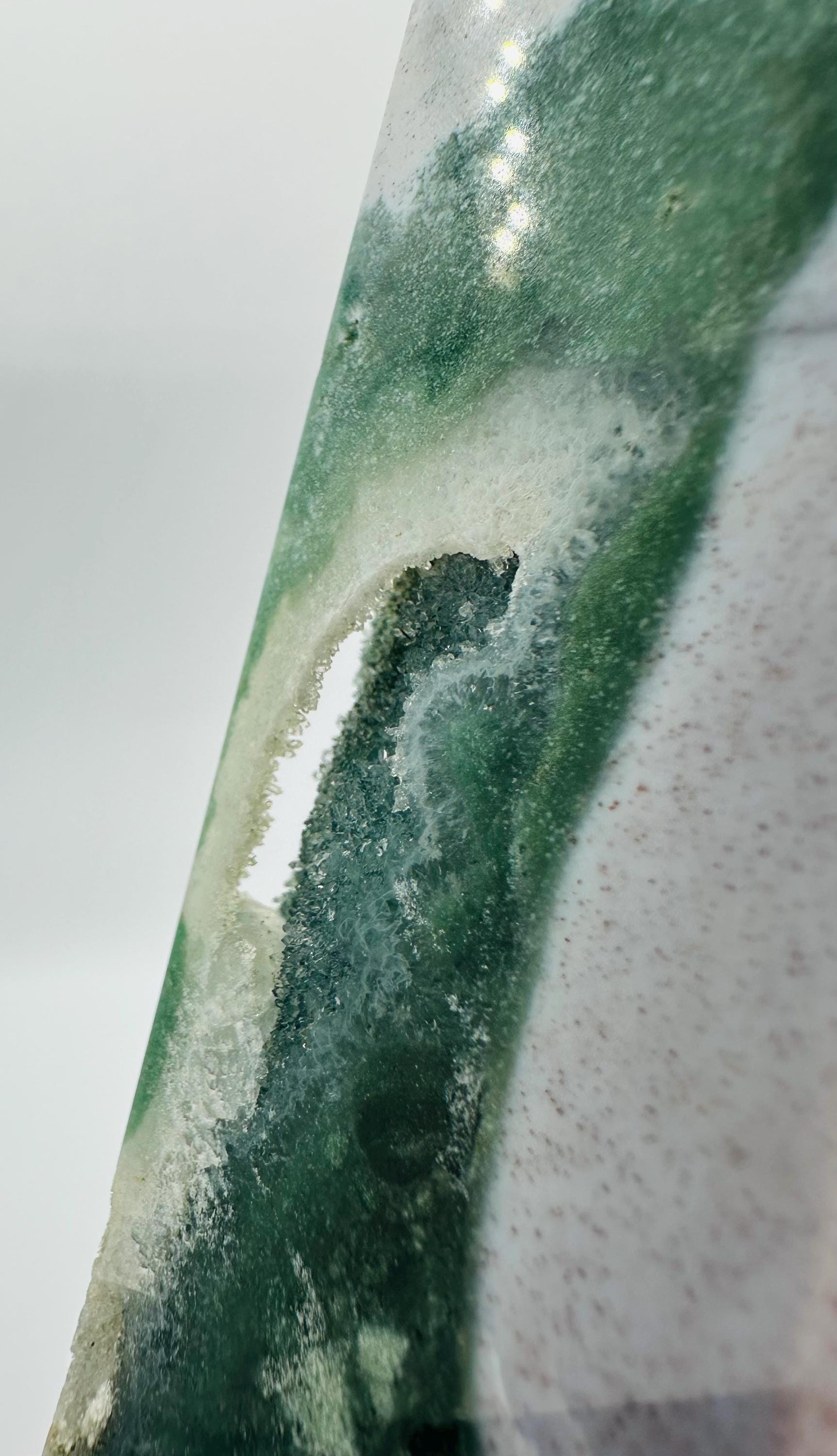 Ocean's Embrace Duo: Rare Ocean Jasper Druzy Cave & Meditating Cat Carving