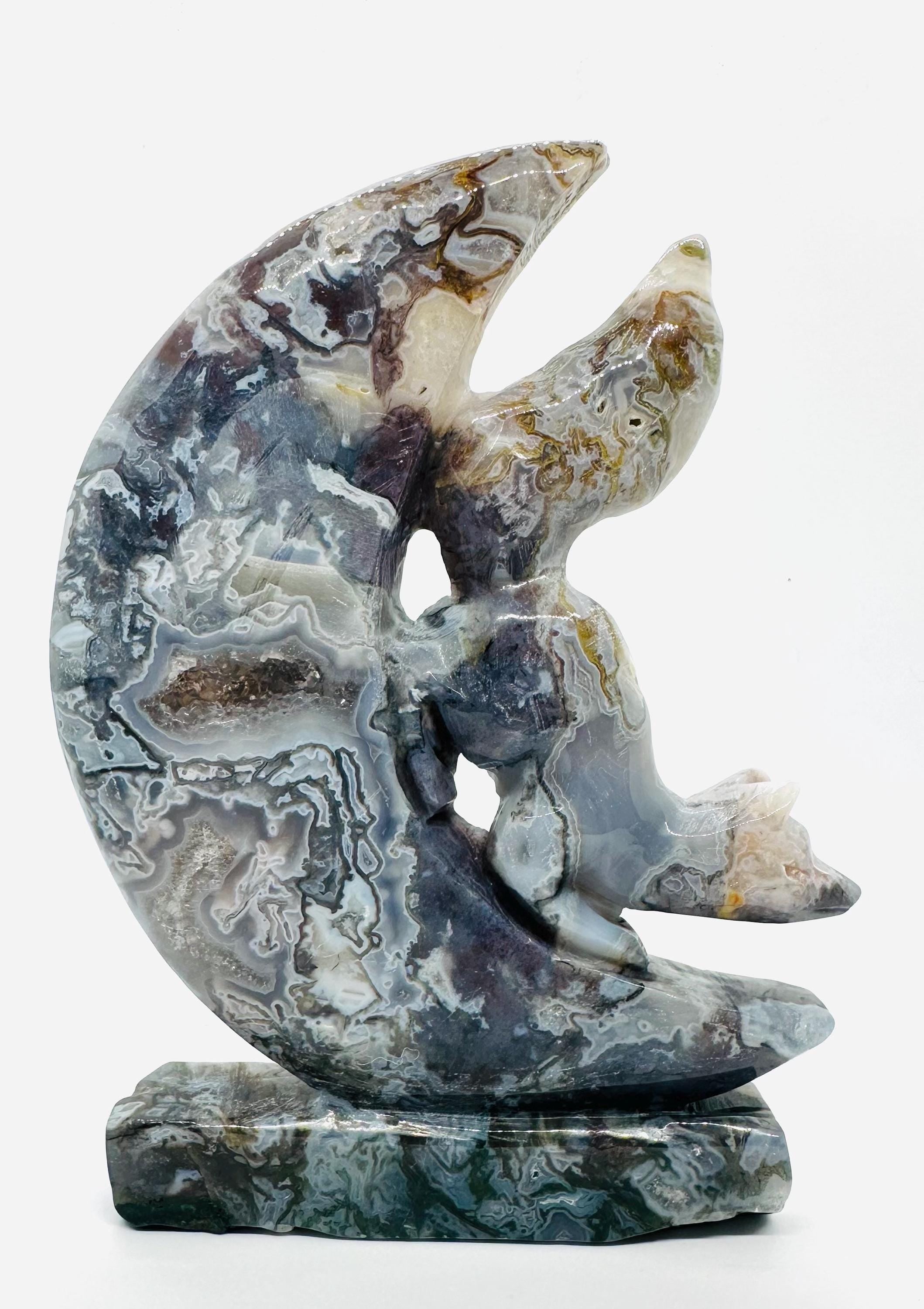 683 Grams One of a Kind Whimsical Wisdom: Fox in the Moon Colorful Moss Agate Carving