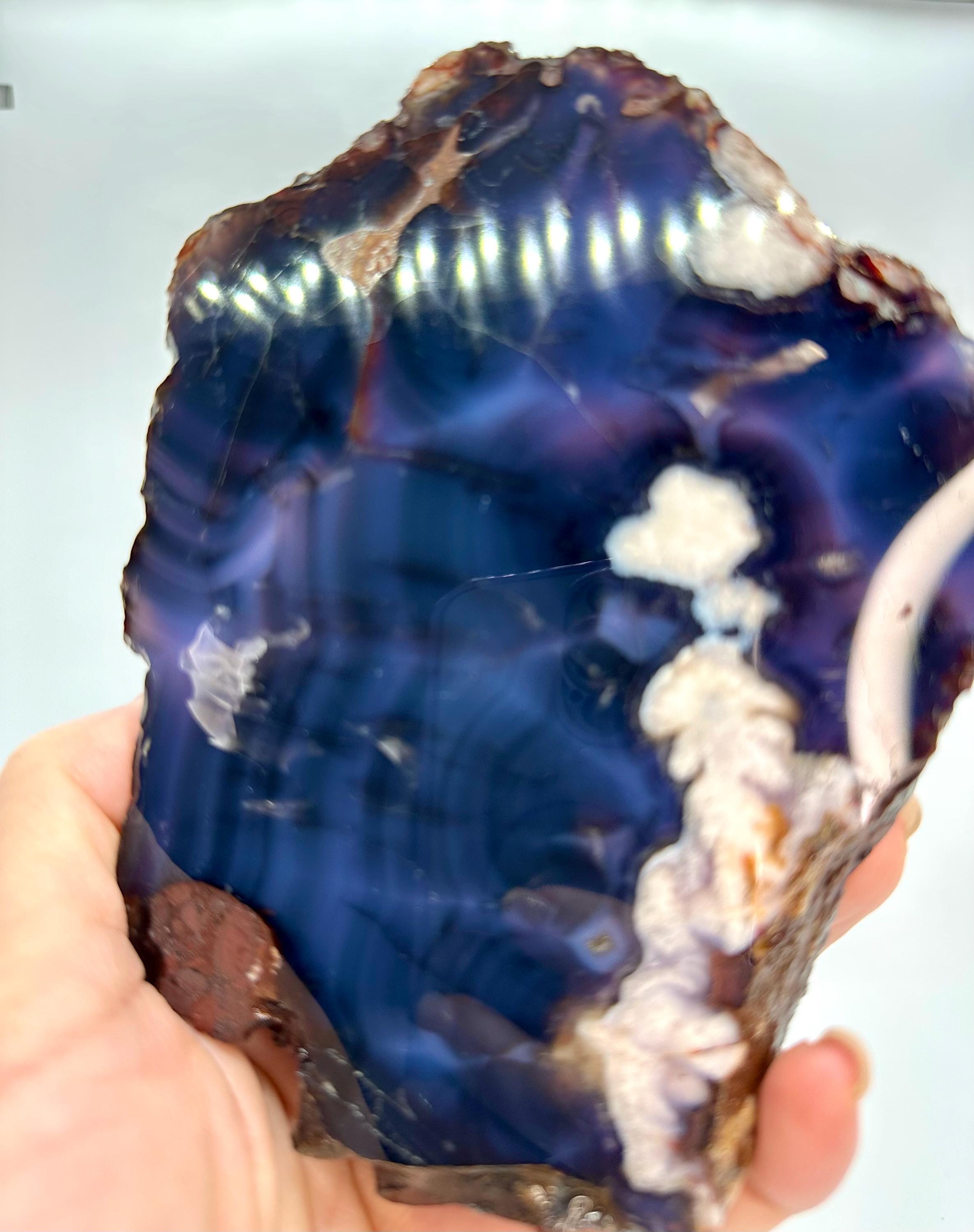 Dark Blue Flower Agate Set — Slab, Heart, Feather Carving & Wand with Acacia Stand