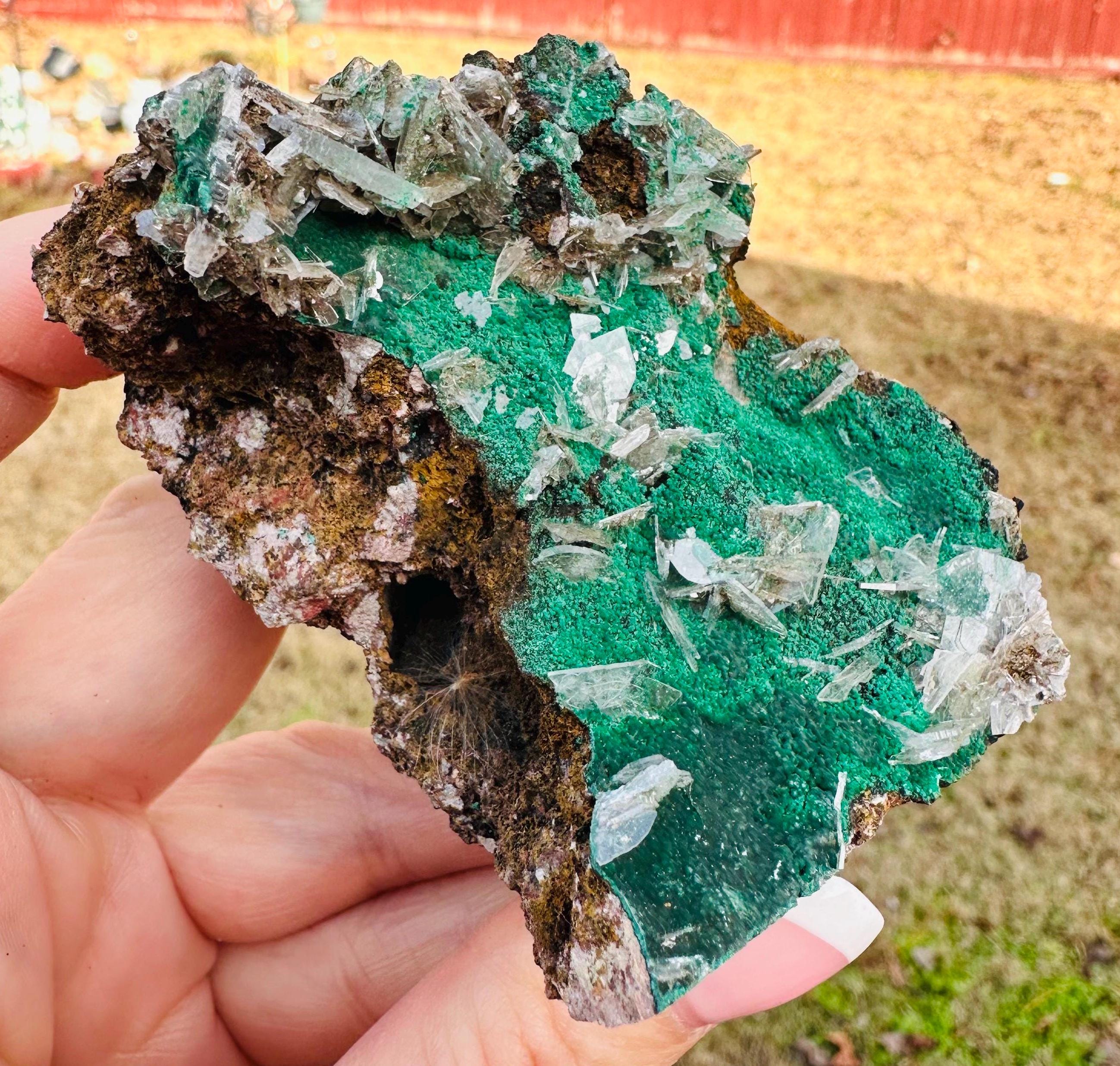 152 Grams Clear Barite blades in green "sandy granular like" Atacamite specimen from China