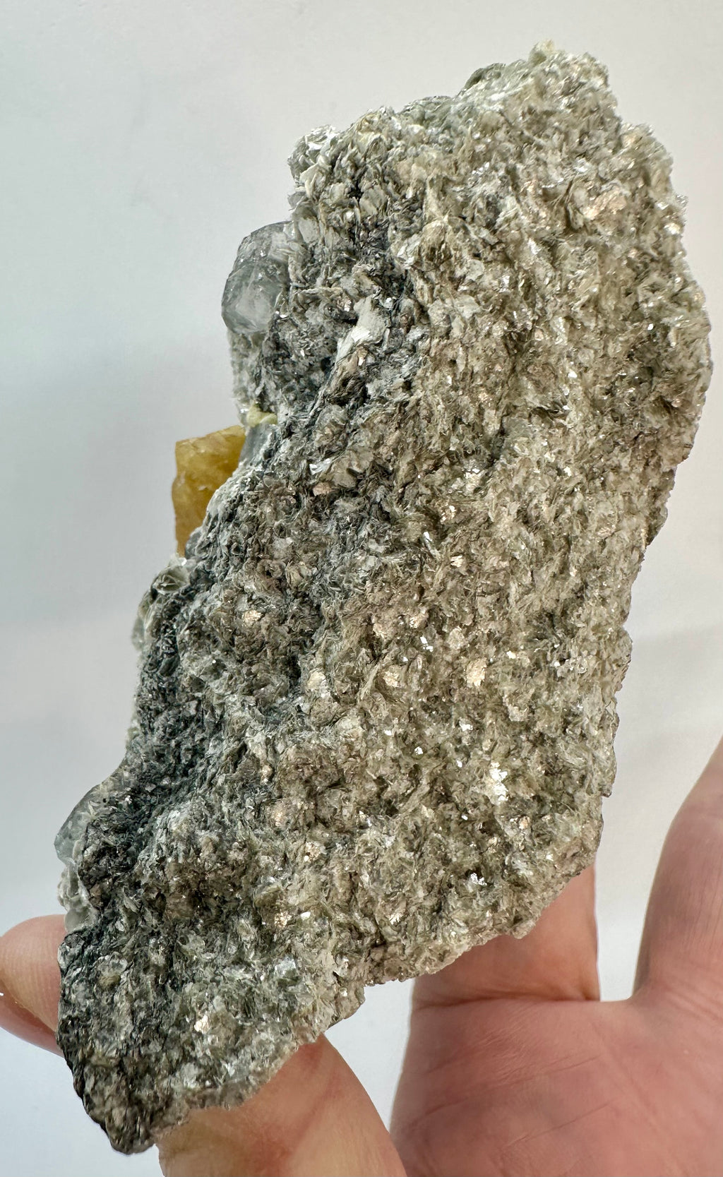 Clear Aquamarine, Golden Scheelite, and Silvery Muscovite from Mt. Xuebaoding, Pingwu County, Sichuan, China