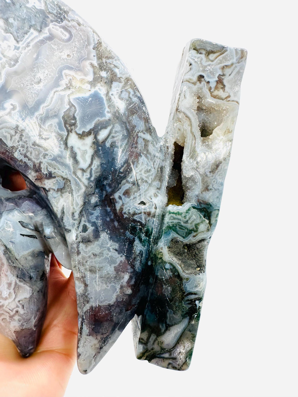 683 Grams One of a Kind Whimsical Wisdom: Fox in the Moon Colorful Moss Agate Carving