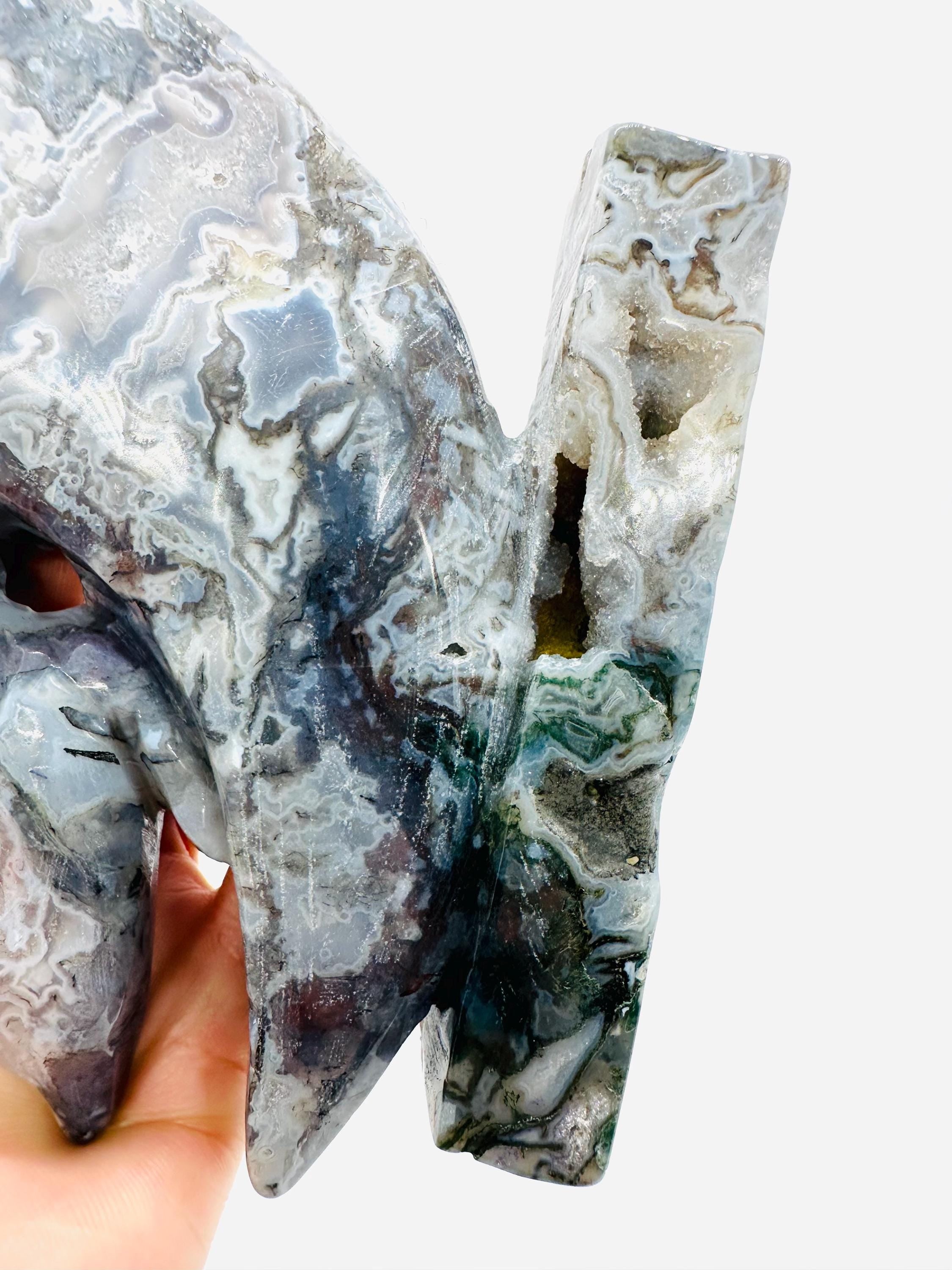 683 Grams One of a Kind Whimsical Wisdom: Fox in the Moon Colorful Moss Agate Carving