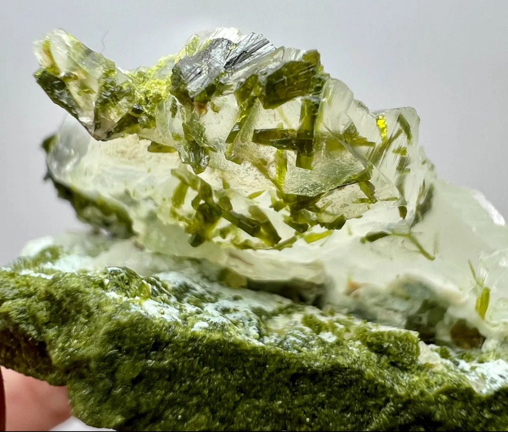 123 Grams Beautiful Green Epidote Crystal On/Inside Quartz Cluster from Pakistan