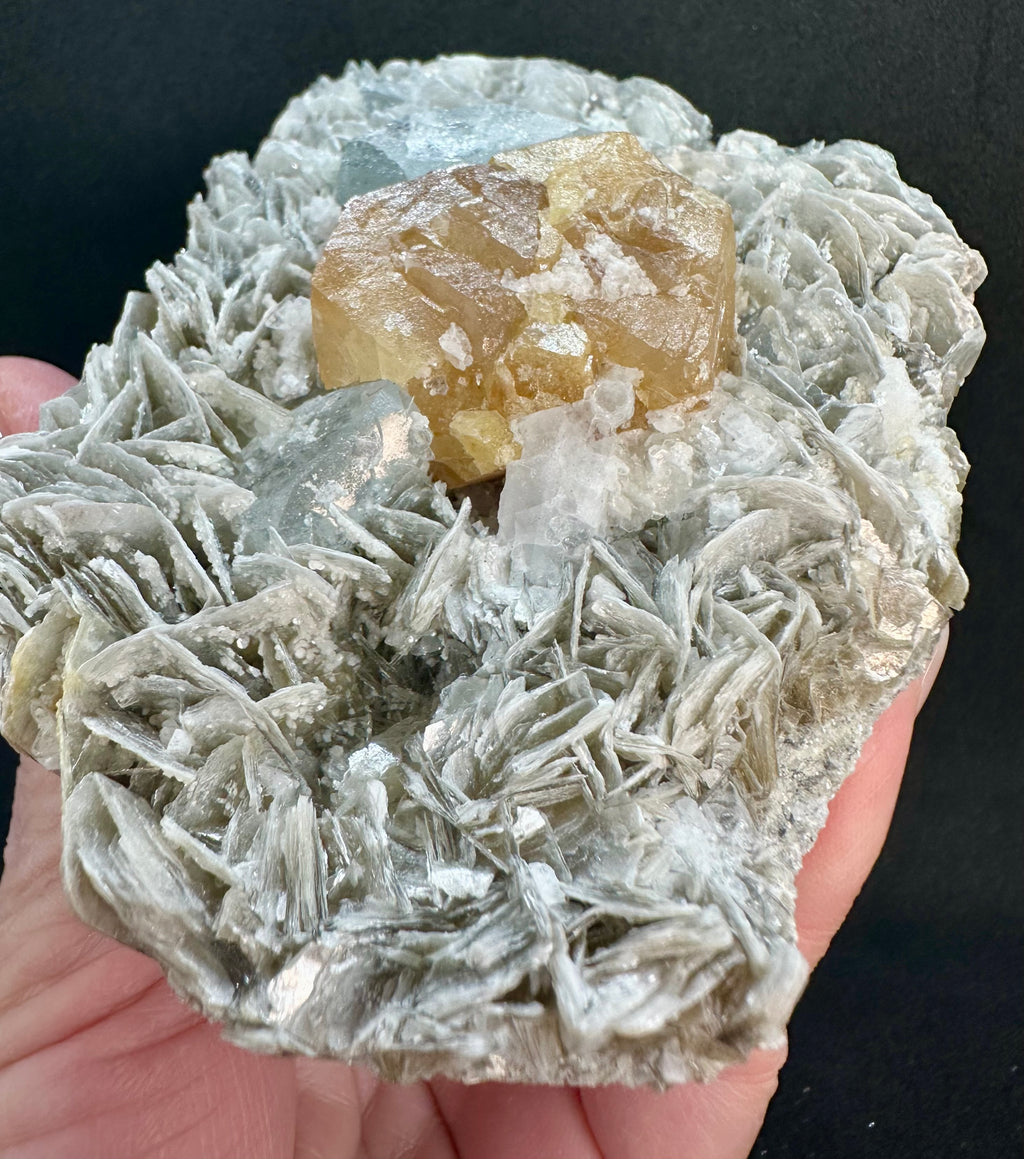 Golden Scheelite & Clear Aquamarine on Muscovite Blades, Mt. Xuebaoding, Sichuan Province, China