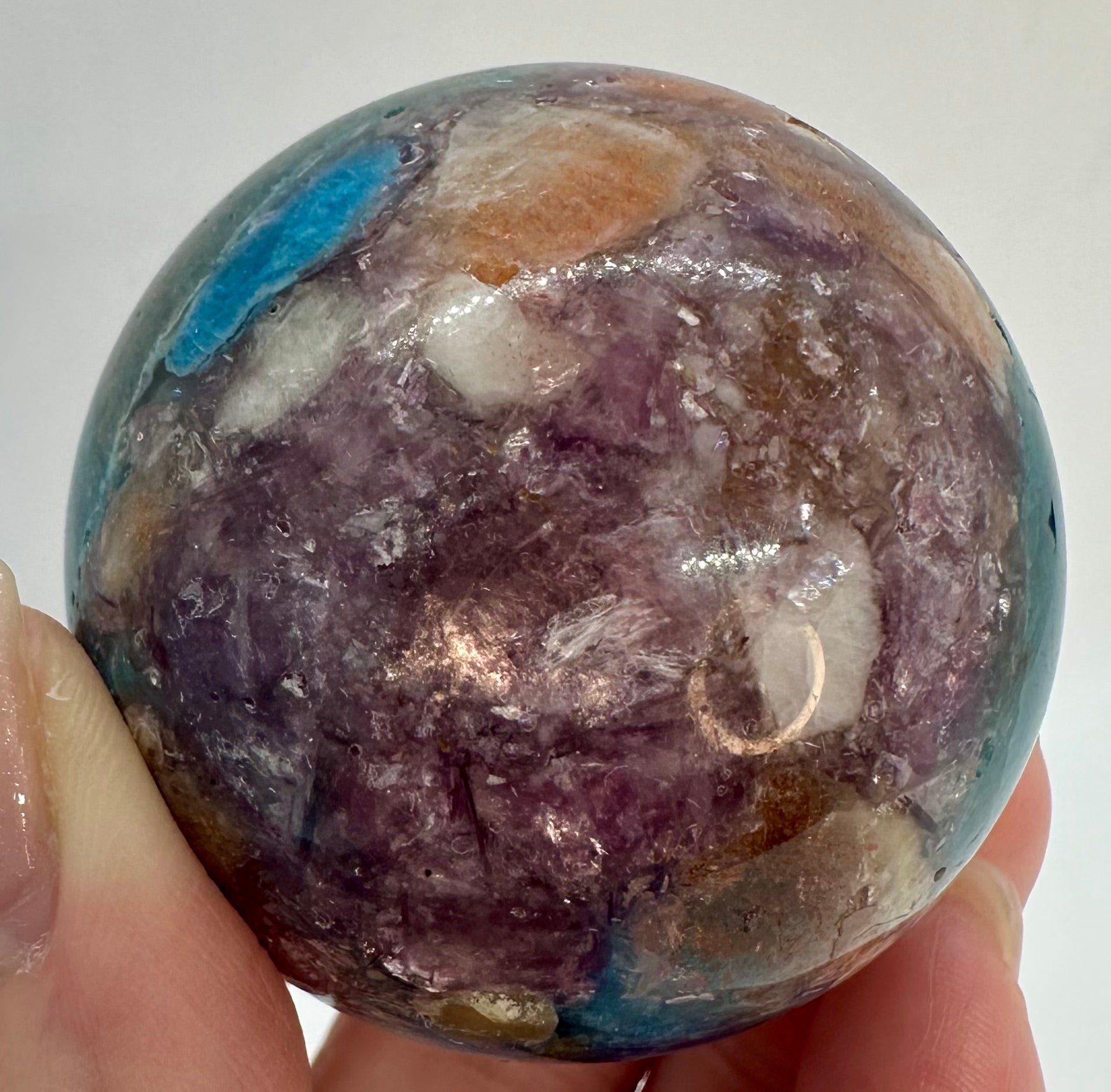 Blue Apatite, Lepidolite Mica & Arusha Quartz Composite Sphere