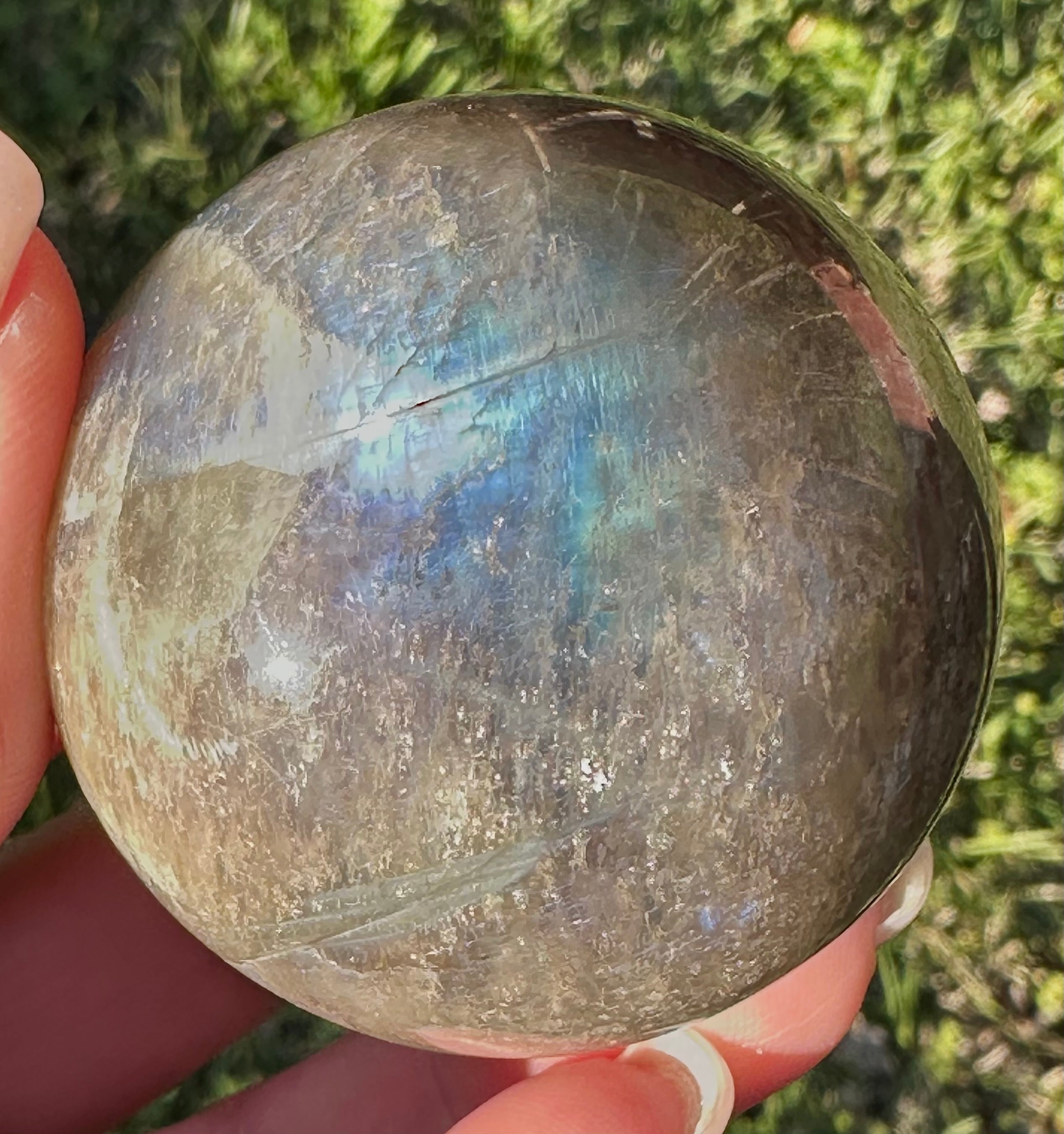 Black Moonstone Sphere with Blue Flash & Rainbow Fire, Madagascar