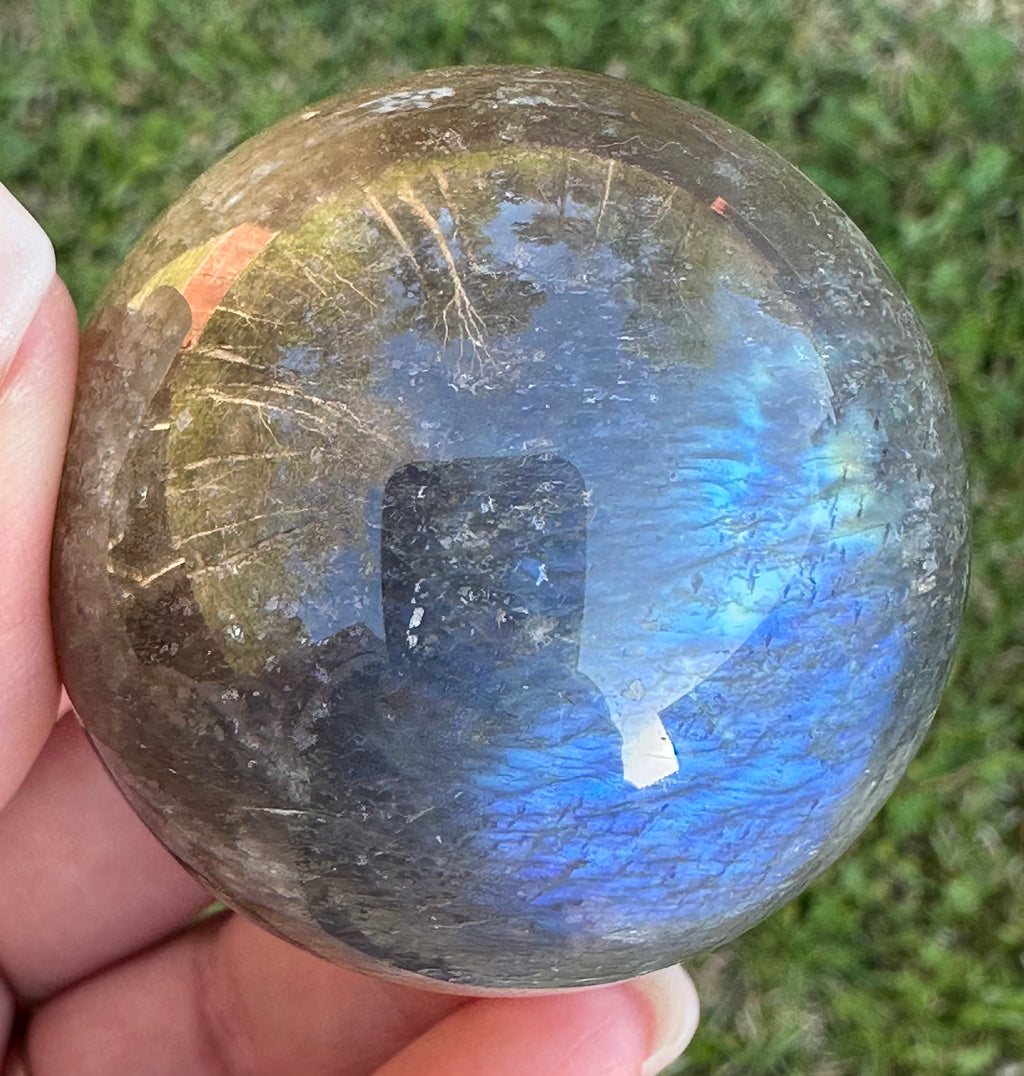 Black Moonstone Sphere with Blue Flash & Rainbow Fire, Madagascar