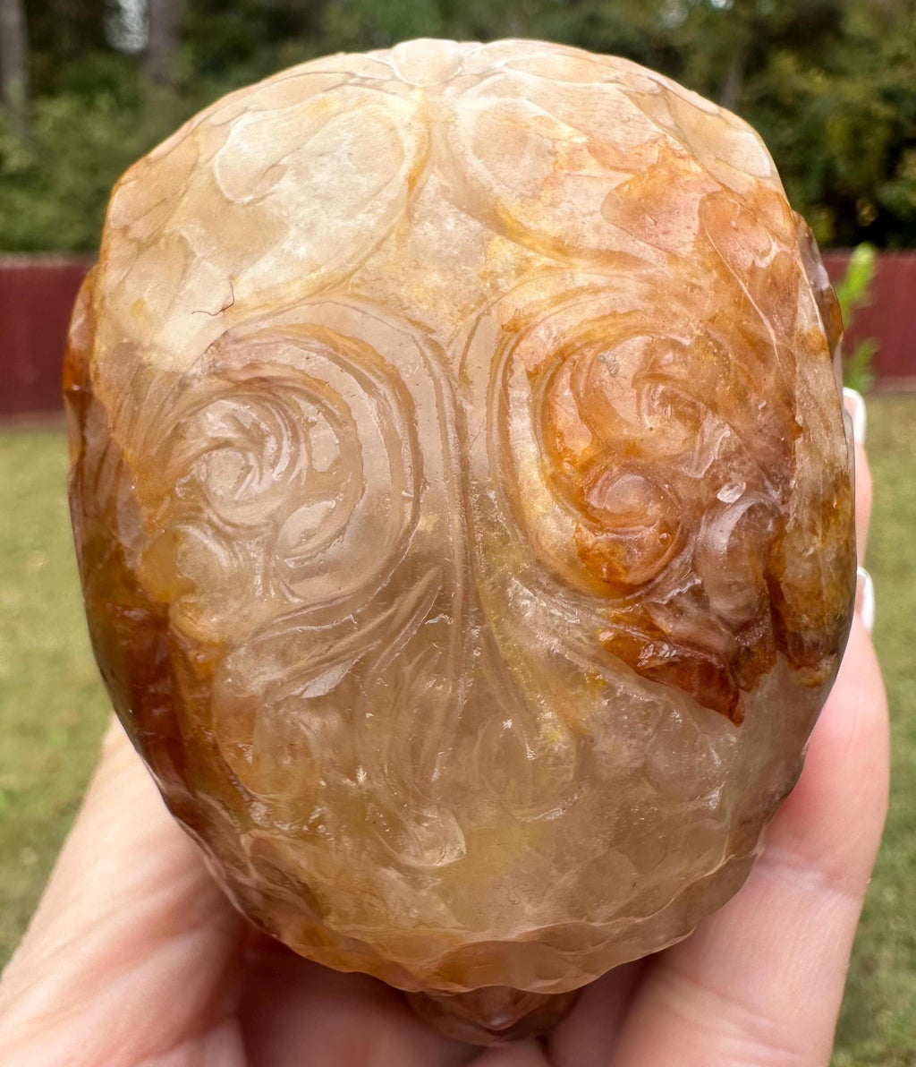 537 Grams Power House Golden Healer Skull with Intricate Engraving
