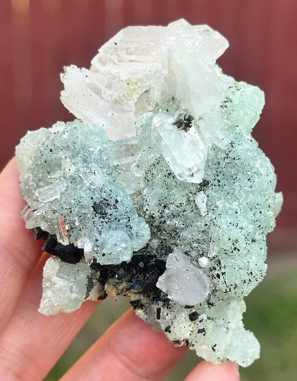 90 Grams of Babingtonite on Prehnite and ET and DT Clear Quartz Points from Qiaojia, Yunnan Province, China
