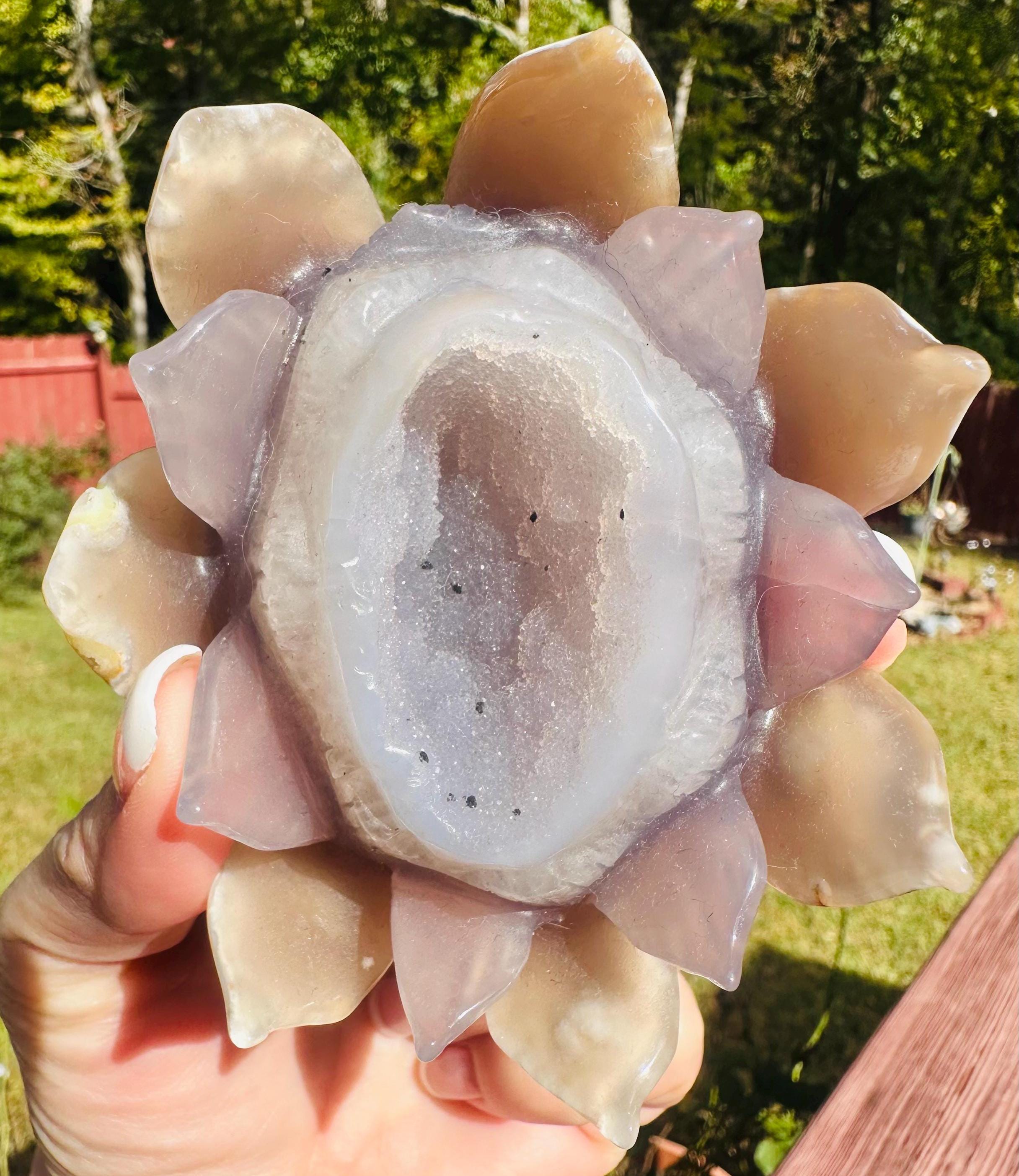 331 Grams Druzy Agate Lotus Carving