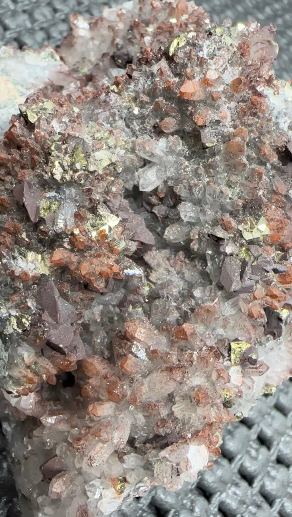 535 Grams Natural Red Phantom Hematite Quartz Cluster with Pyrite and Chalcopyrite