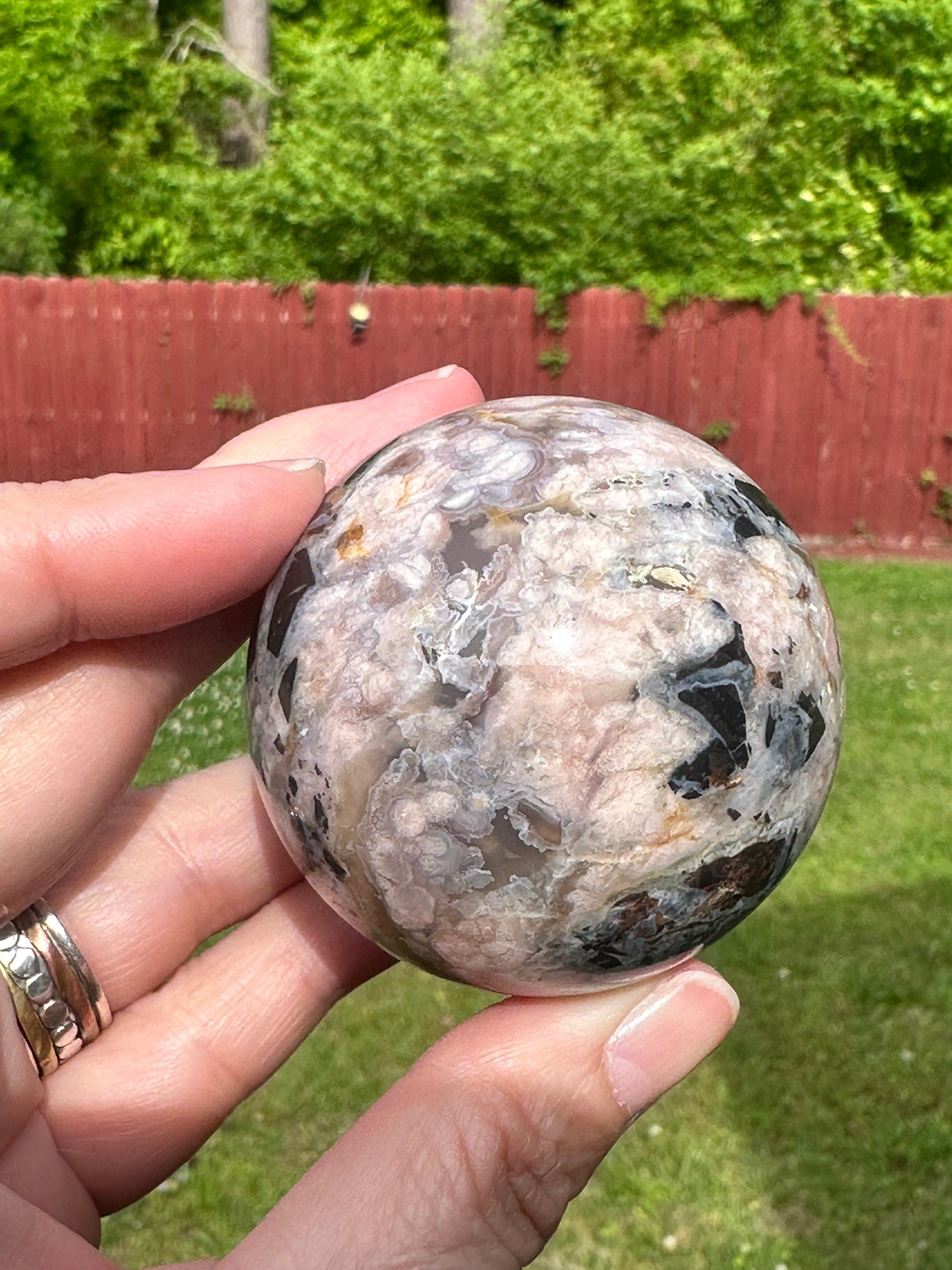 231 Grams Mosaic Like Black Flower Agate Sphere from Madagascar