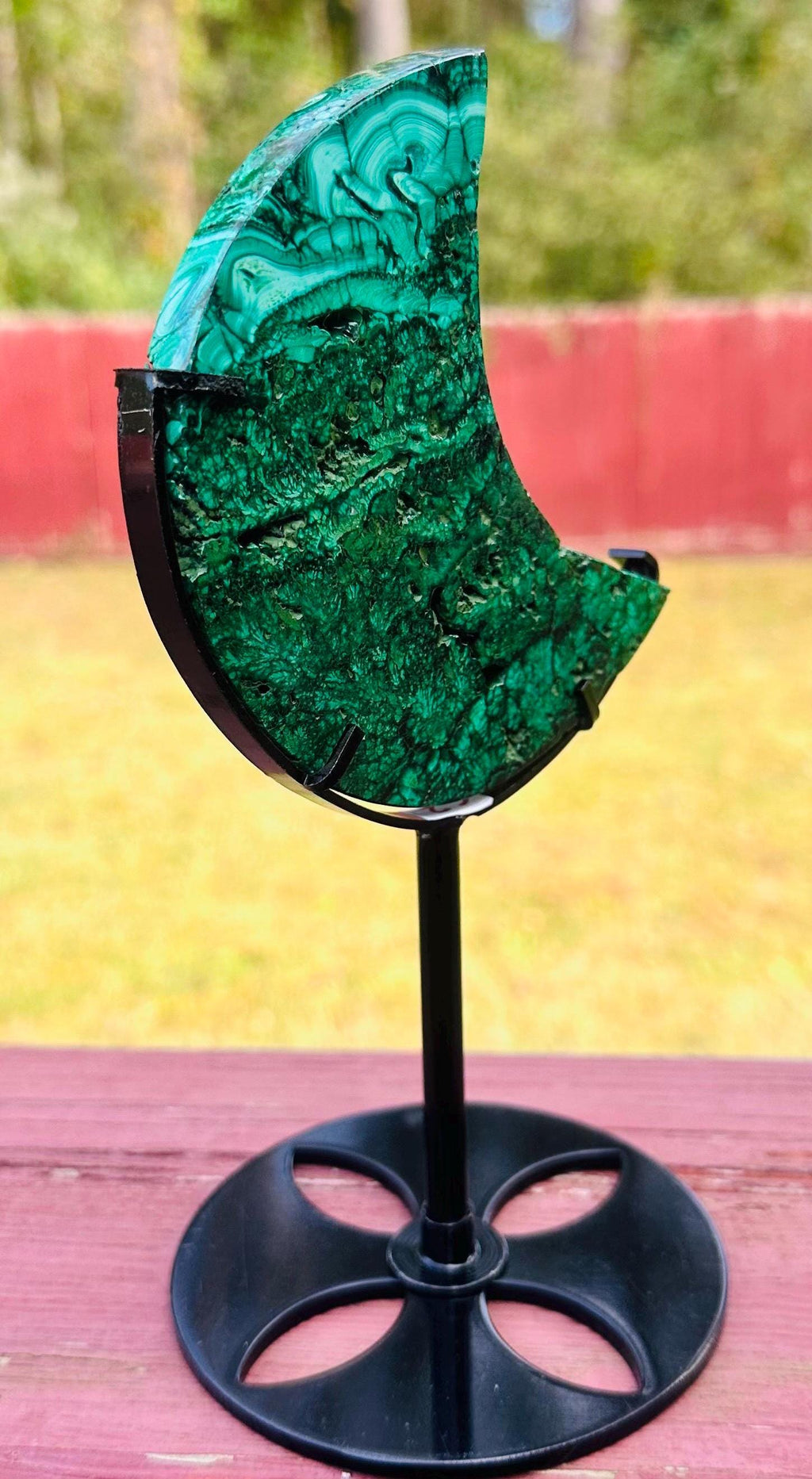 225 grams Gorgeous Malachite Crescent Moon with metal stand
