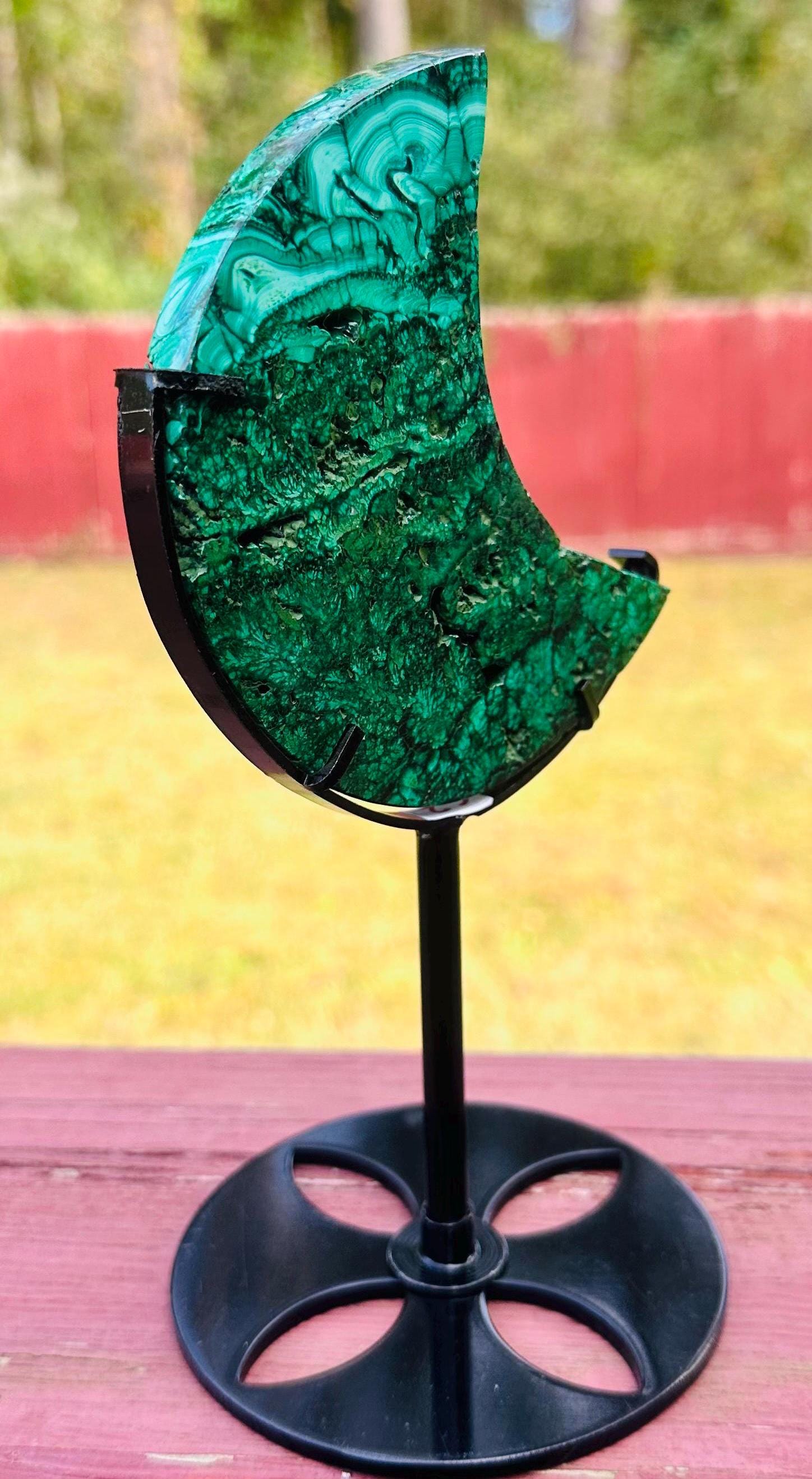 225 grams Gorgeous Malachite Crescent Moon with metal stand