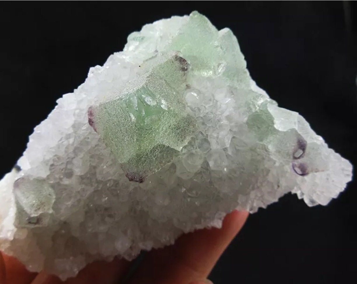 127 Grams Beautiful Light Green Octahedron with Purple Phantoms over White Quartz