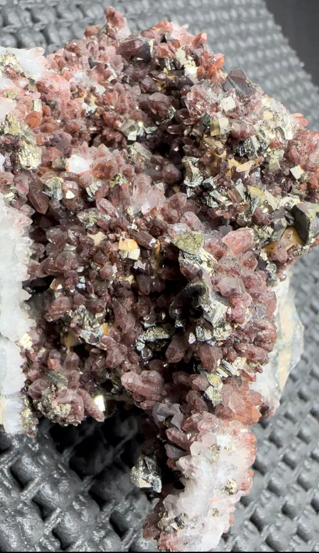 535 Grams Natural Red Phantom Hematite Quartz Cluster with Pyrite and Chalcopyrite
