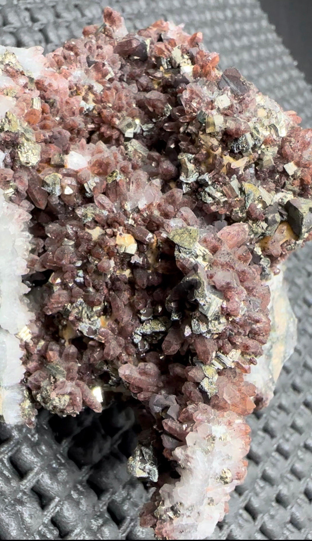 535 Grams Natural Red Phantom Hematite Quartz Cluster with Pyrite and Chalcopyrite