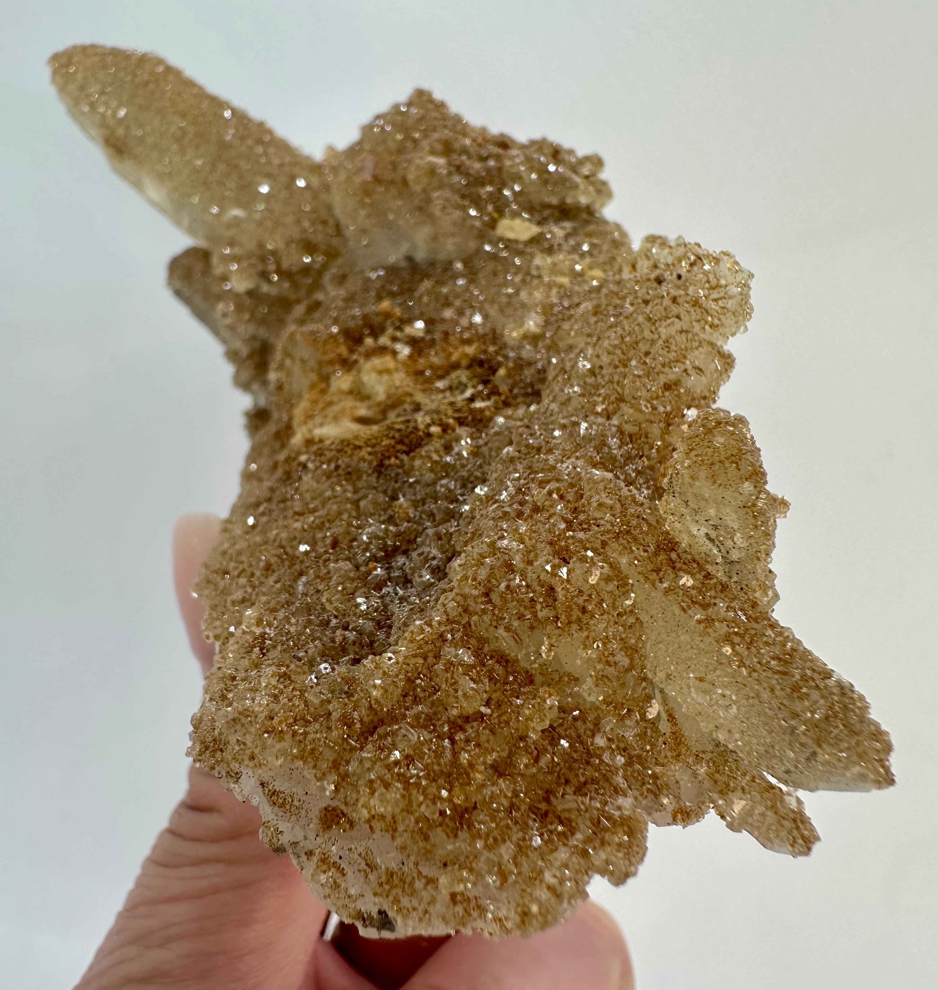 Recent Discovered Tan Micro‑Apophyllite Encrusting Quartz — Fengjiashan Mine, Hubei, China