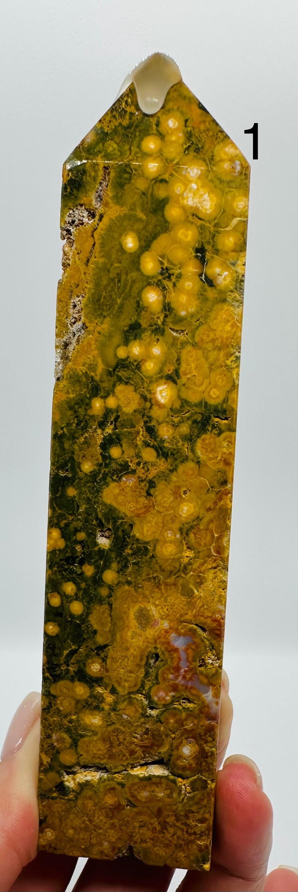 Sun-Kissed Serenity: Rare Yellow Kambaby Ocean Jasper Tower with Green, Pink and  White Zones