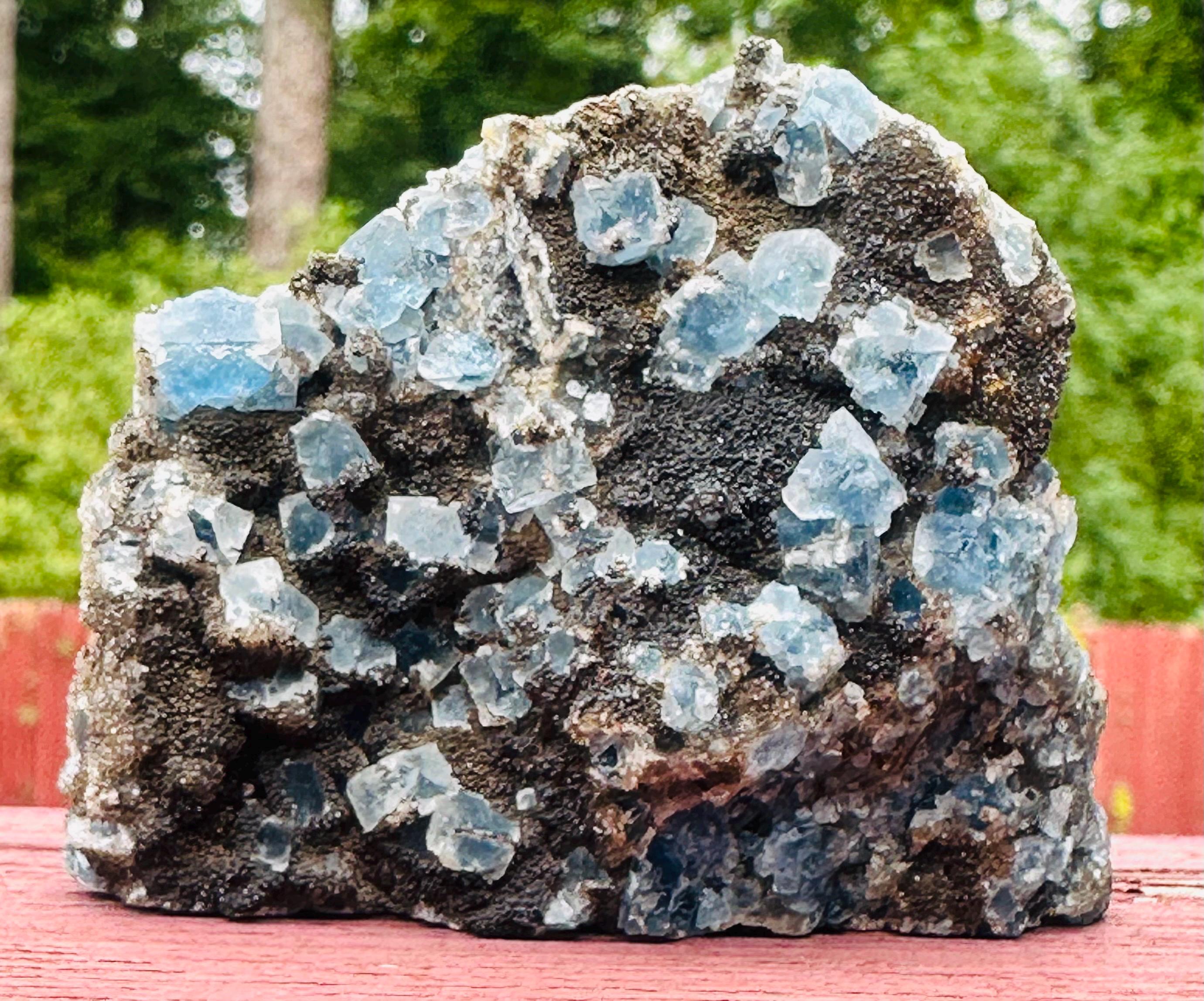 144 Grams Uncommon Self Standing Blue cubic Fluorite formed on a bed of Smokey Druzy Quartz