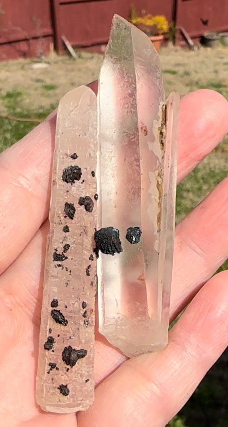 54 Grams very peculiar singing Pair of Clear Quartz Points with Specularite Rosettes