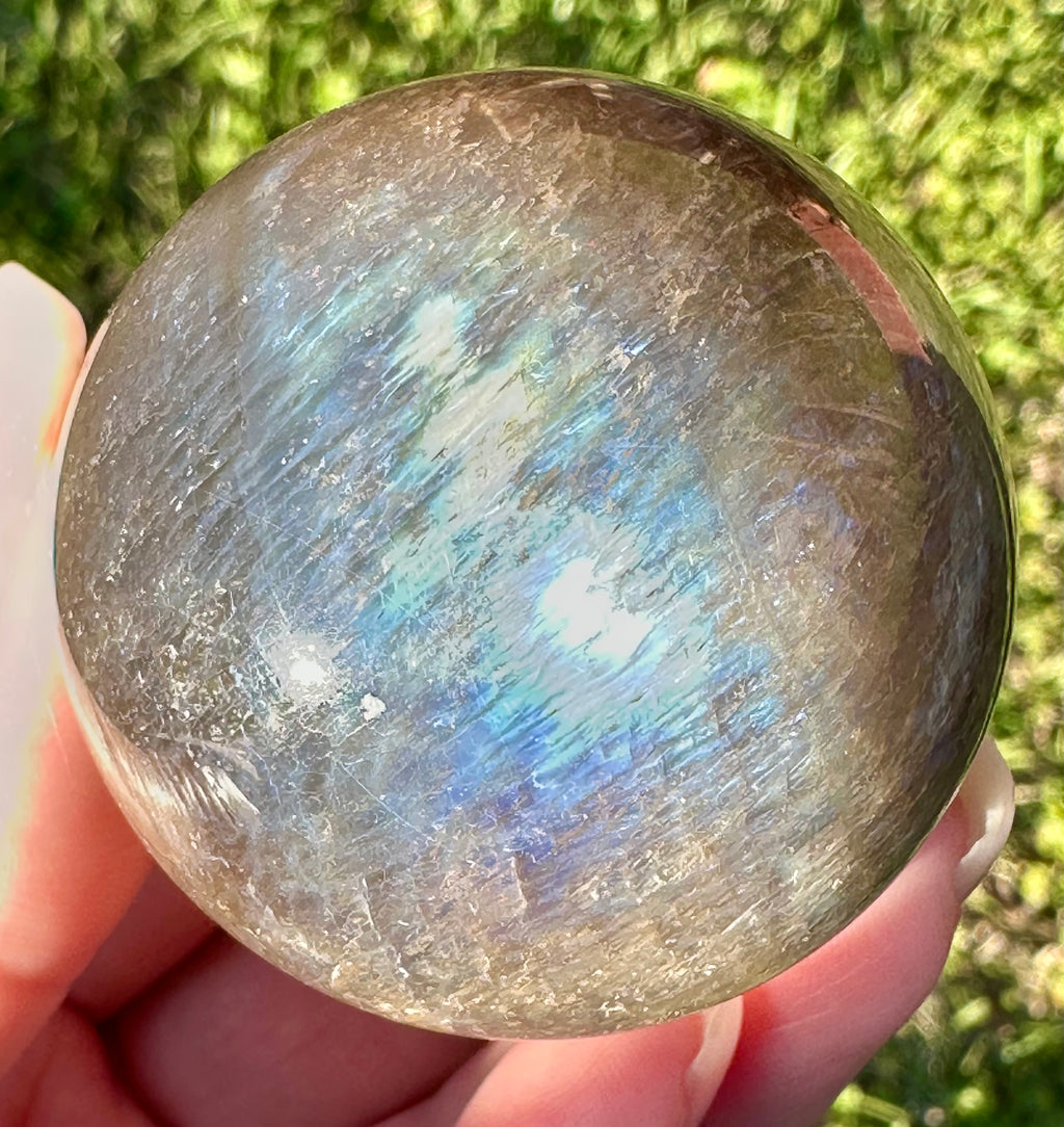 Black Moonstone Sphere with Blue Flash & Rainbow Fire, Madagascar