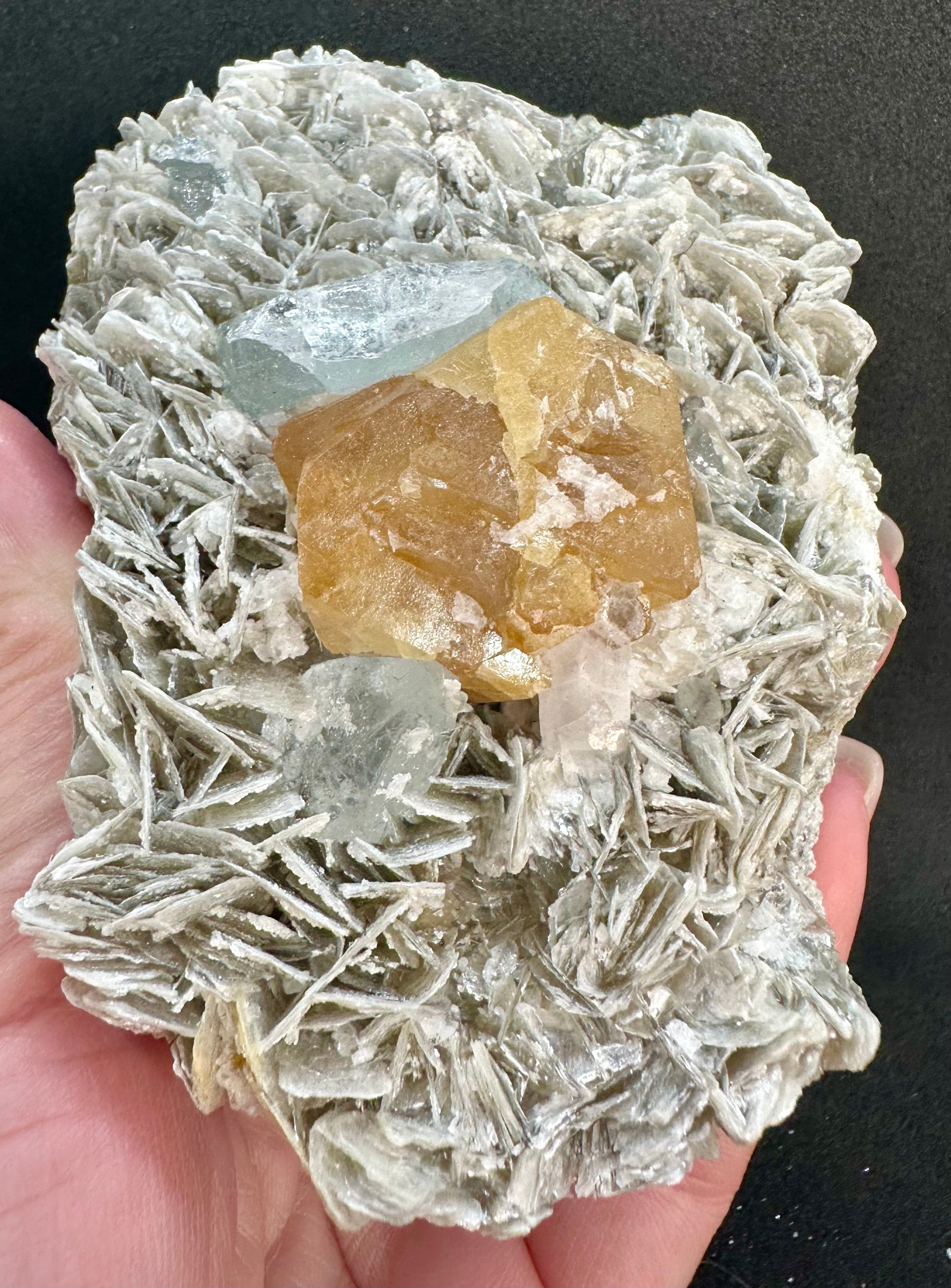 Golden Scheelite & Clear Aquamarine on Muscovite Blades, Mt. Xuebaoding, Sichuan Province, China