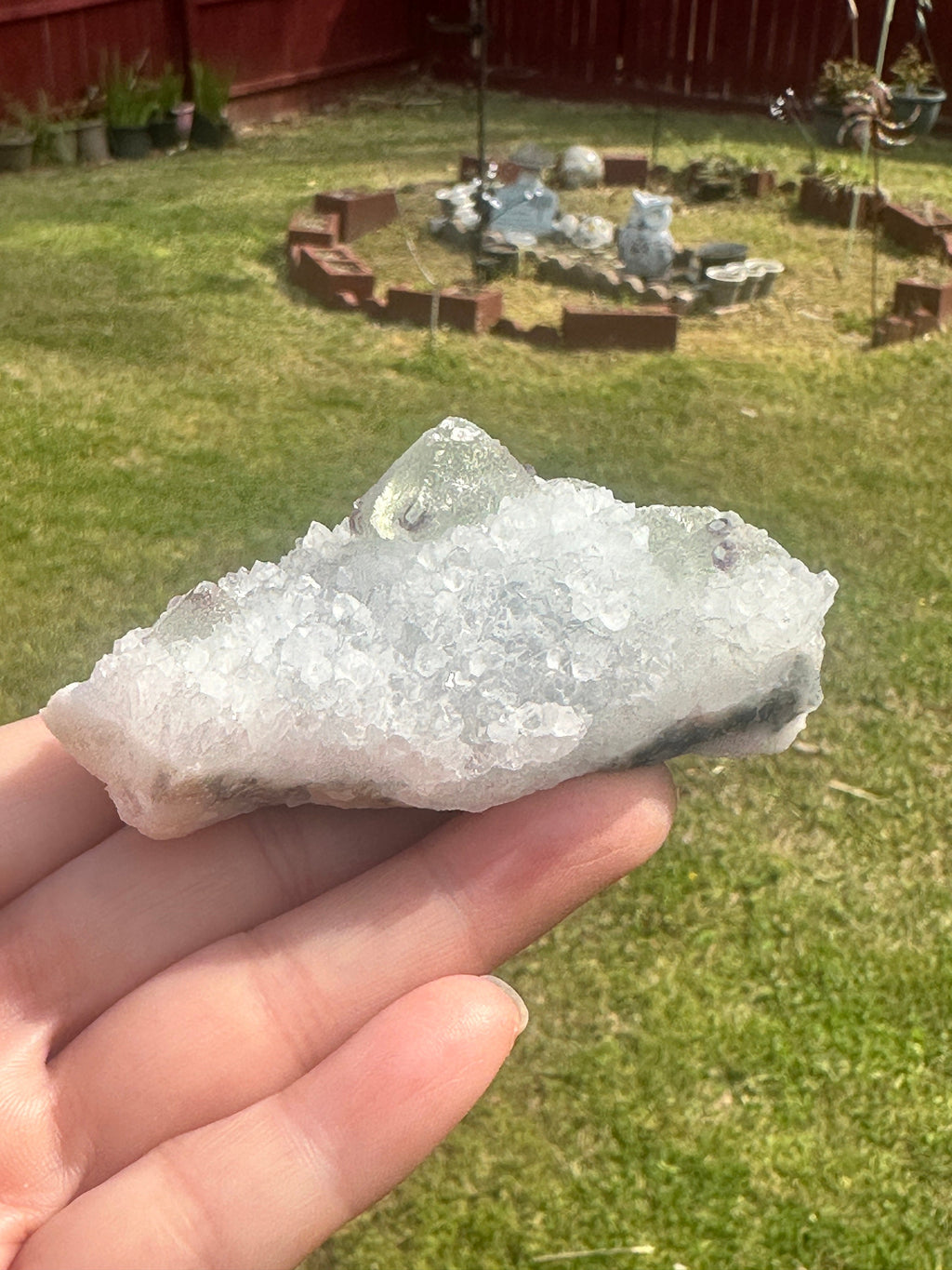 127 Grams Beautiful Light Green Octahedron with Purple Phantoms over White Quartz