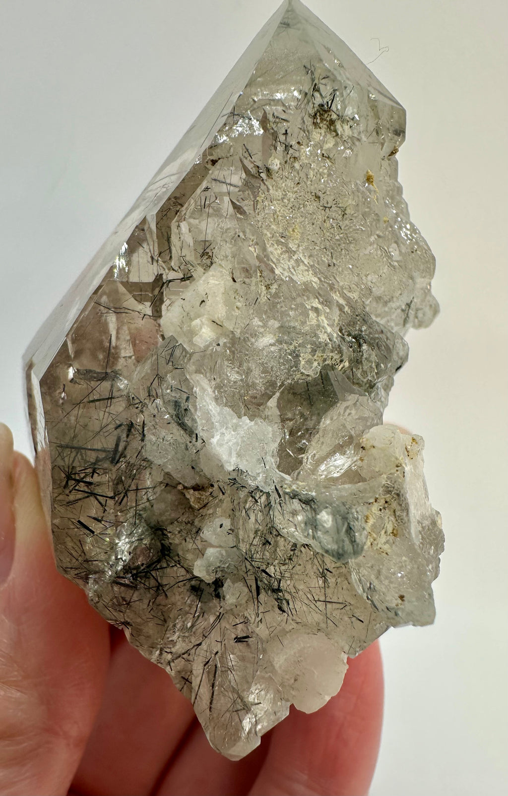 Magnesio-Riebeckite Included Smoky Quartz with Rainbows Point, Sagi Mountain