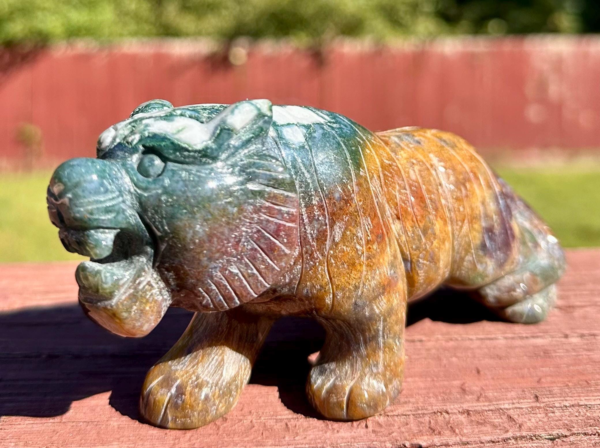 383 grams Captivating Colorful Moss Agate Tiger Carving from India