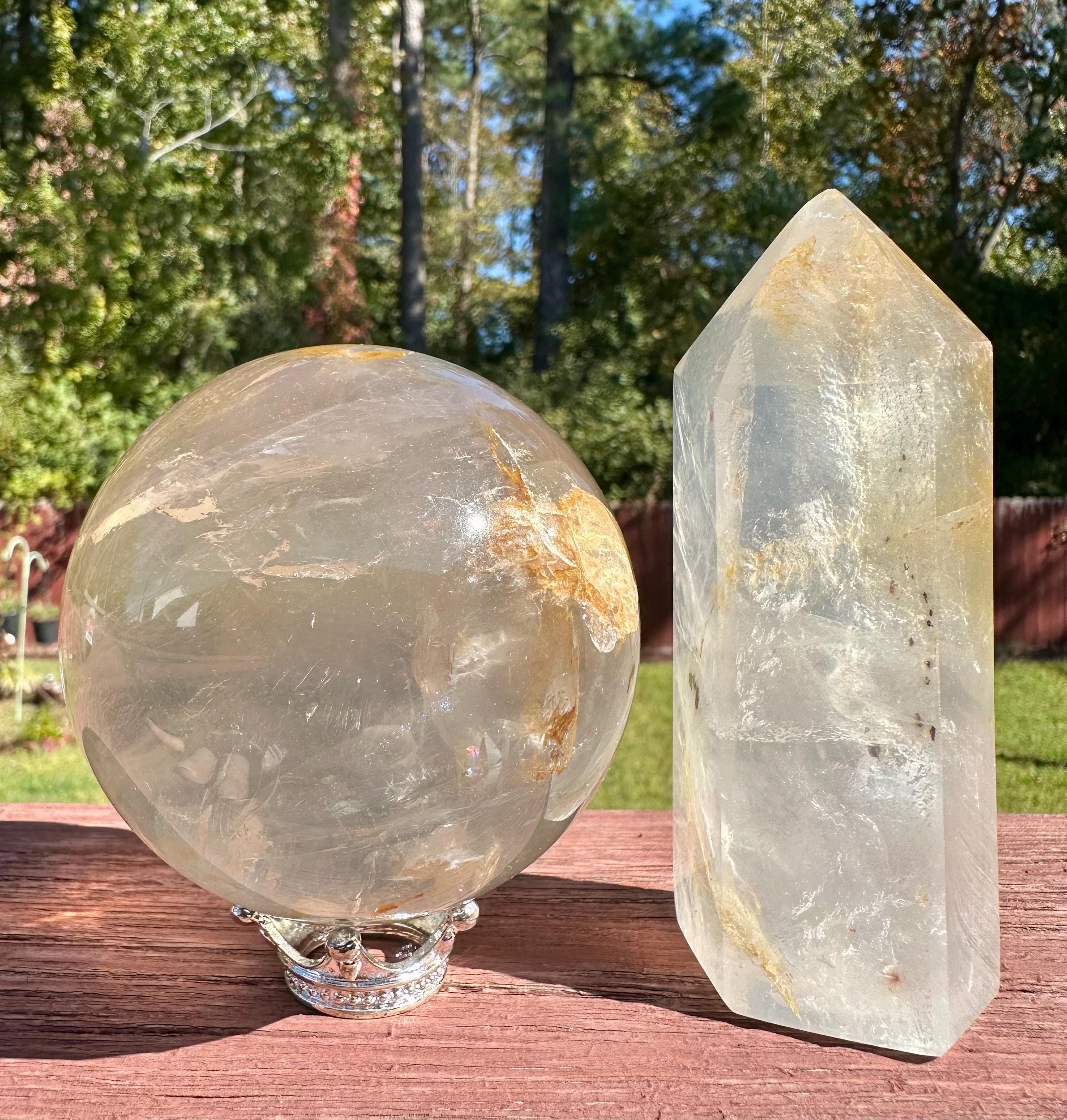 Girasol Quartz Sphere & Point Set with Unique Inclusions from Madagascar