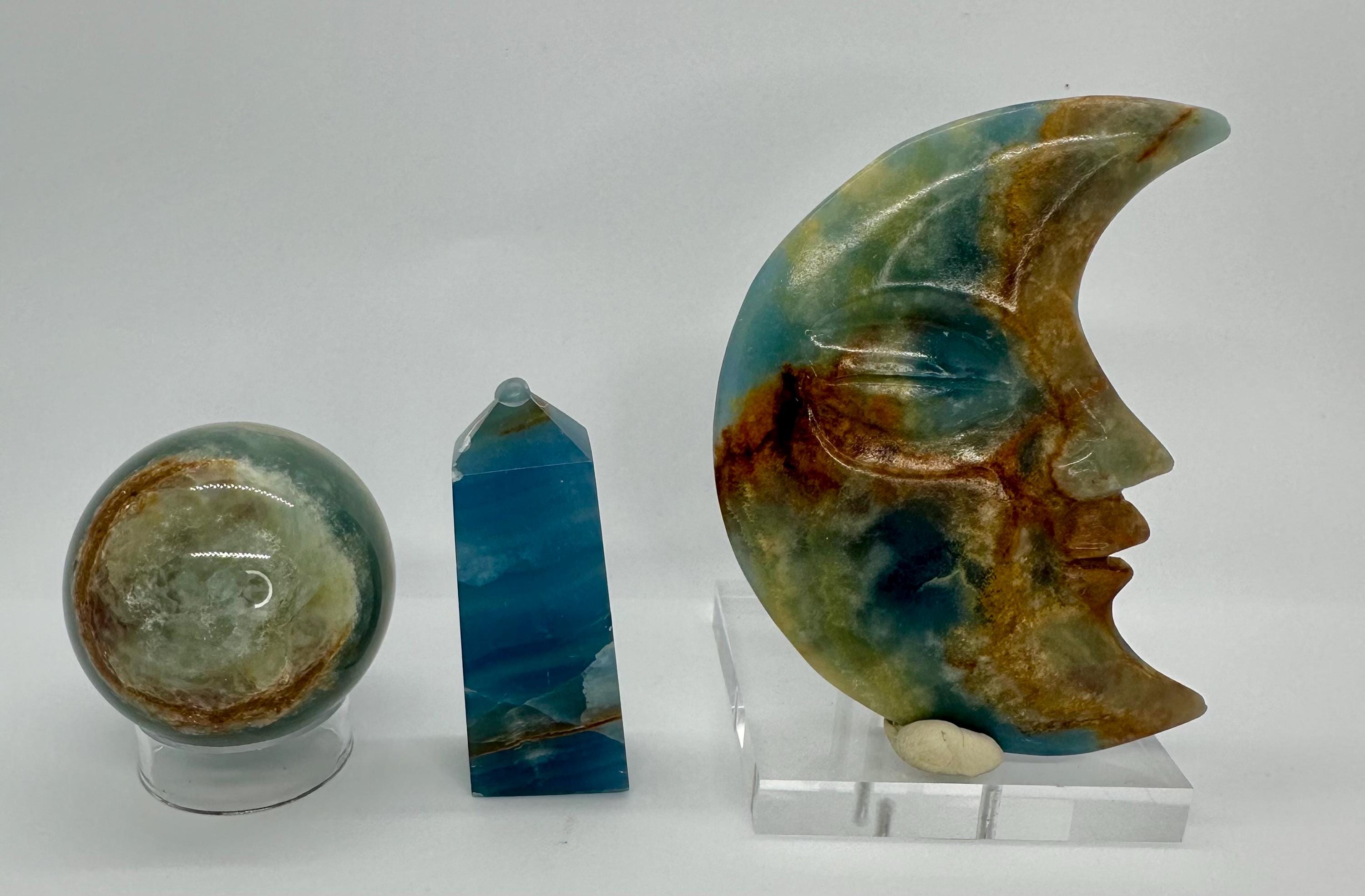 Aquatine Lemurian Trio: Sphere, Mini Tower & Crescent Moon Face