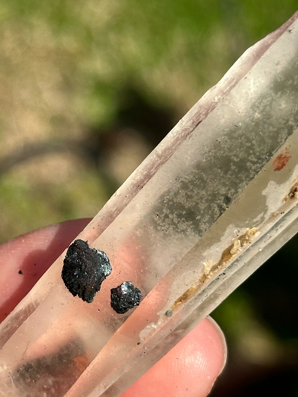 54 Grams very peculiar singing Pair of Clear Quartz Points with Specularite Rosettes