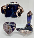 Dark Blue Flower Agate Set — Slab, Heart, Feather Carving & Wand with Acacia Stand
