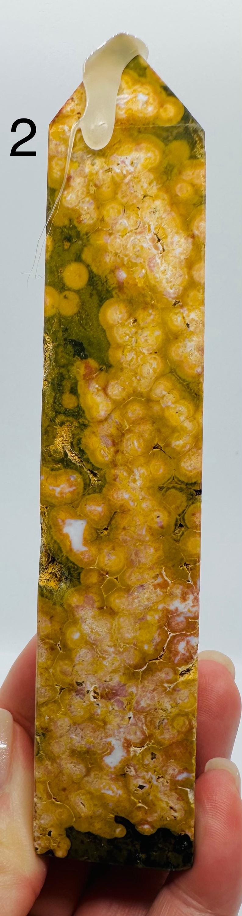 Sun-Kissed Serenity: Rare Yellow Kambaby Ocean Jasper Tower with Green, Pink and  White Zones