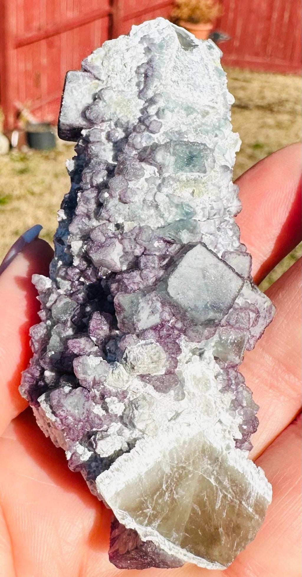 133 Grams DT and ET Natural Green and Purple Octahedron Fluorite over a Second Crystalization Specimen Huanggangliang