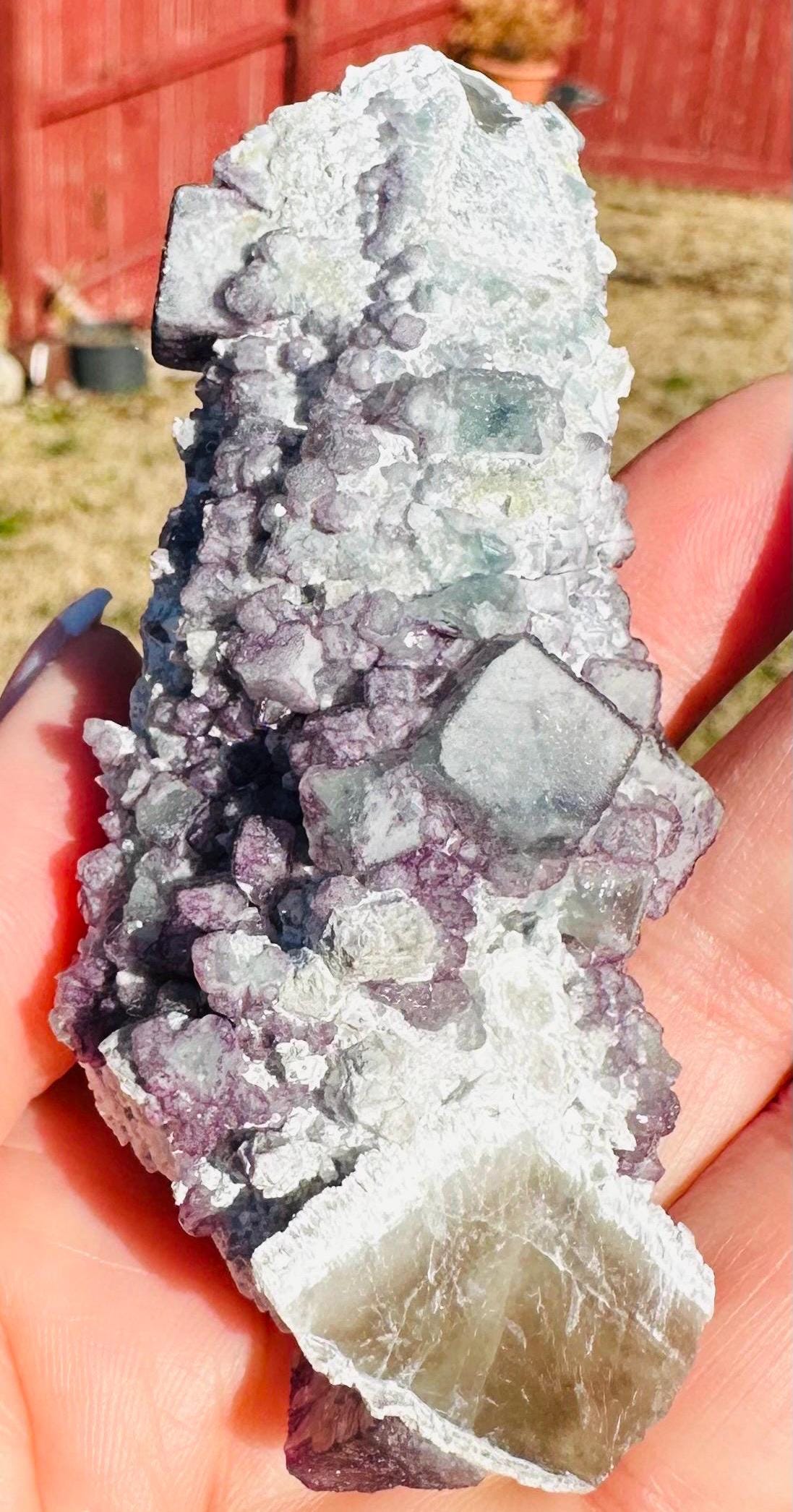 133 Grams DT and ET Natural Green and Purple Octahedron Fluorite over a Second Crystalization Specimen Huanggangliang