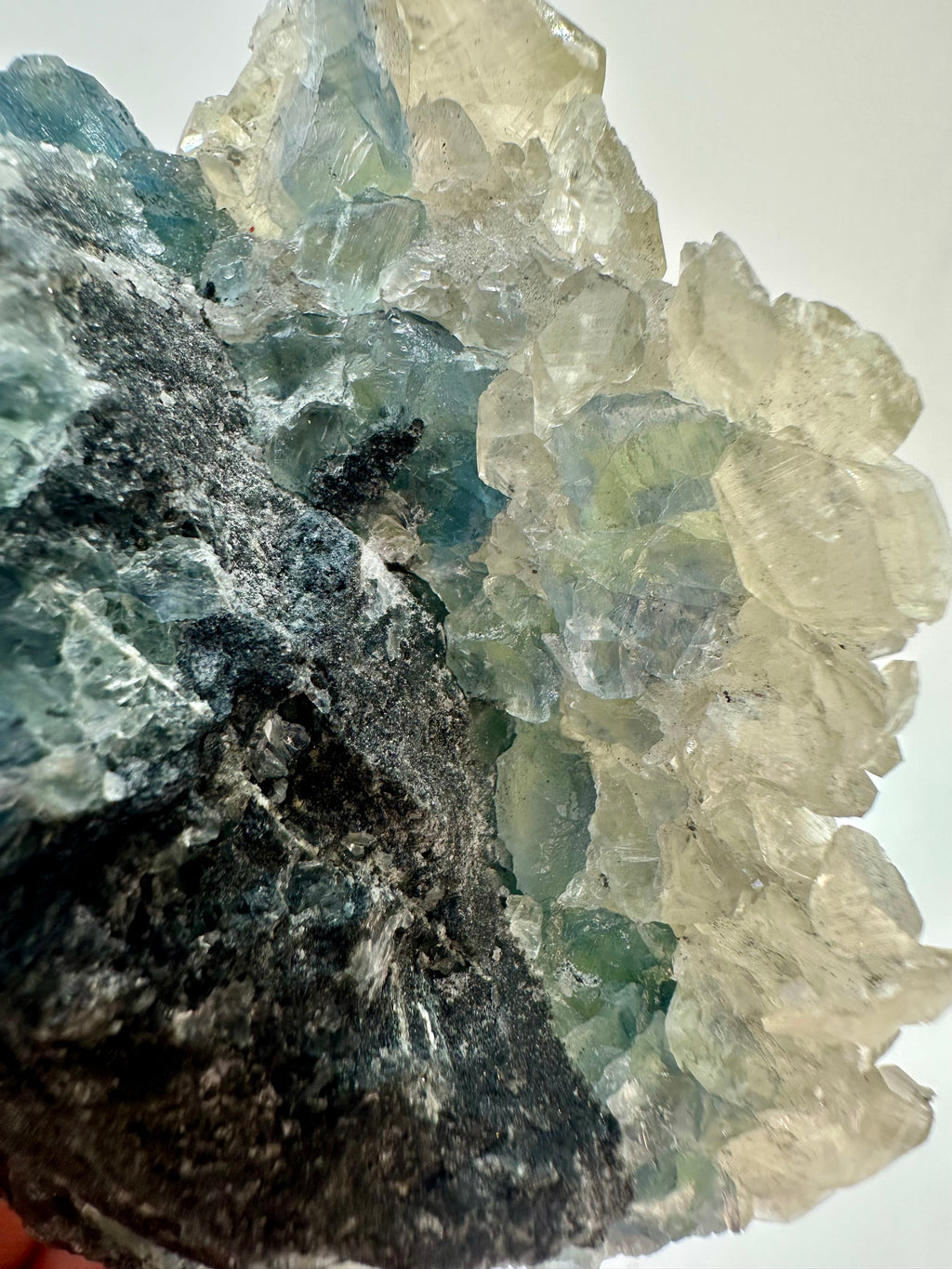 Benz Calcite on Blue & Green Fluorite, Xiang Hualing Mine, China