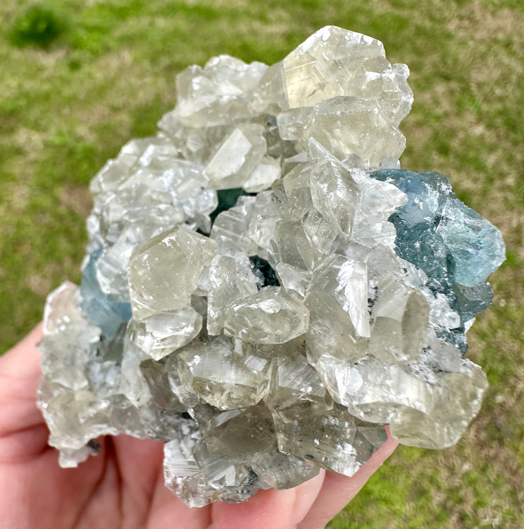 Benz Calcite on Blue & Green Fluorite, Xiang Hualing Mine, China