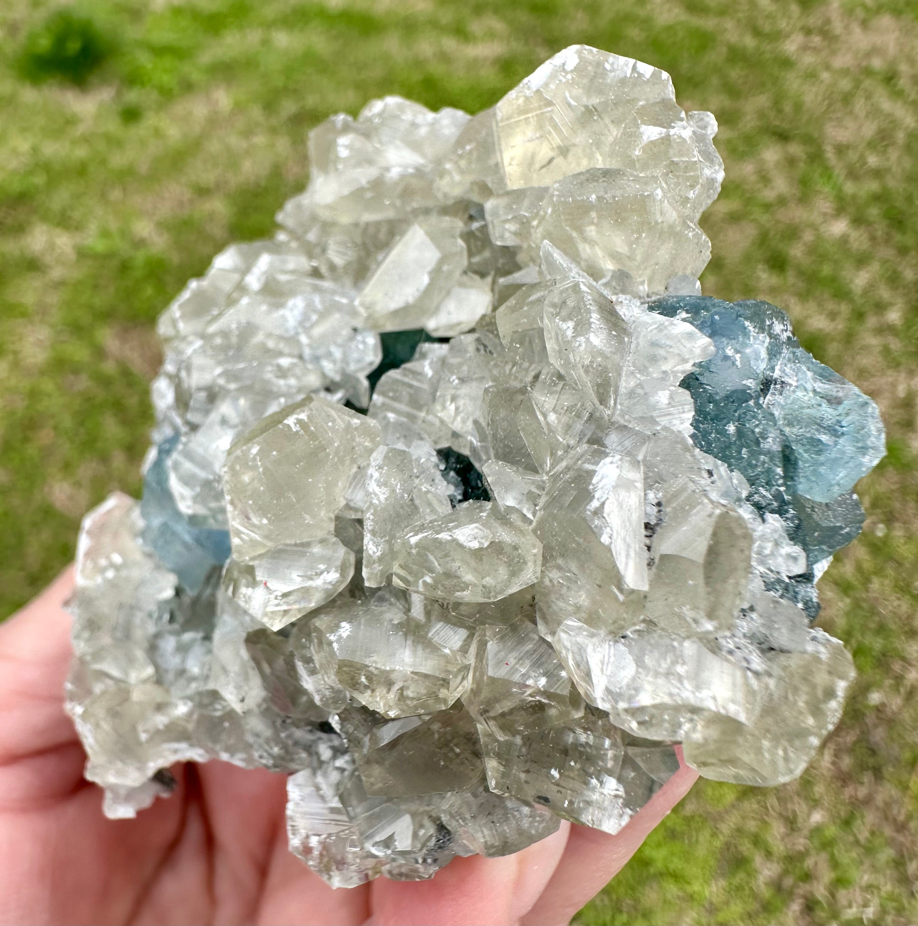 Benz Calcite on Blue & Green Fluorite, Xiang Hualing Mine, China