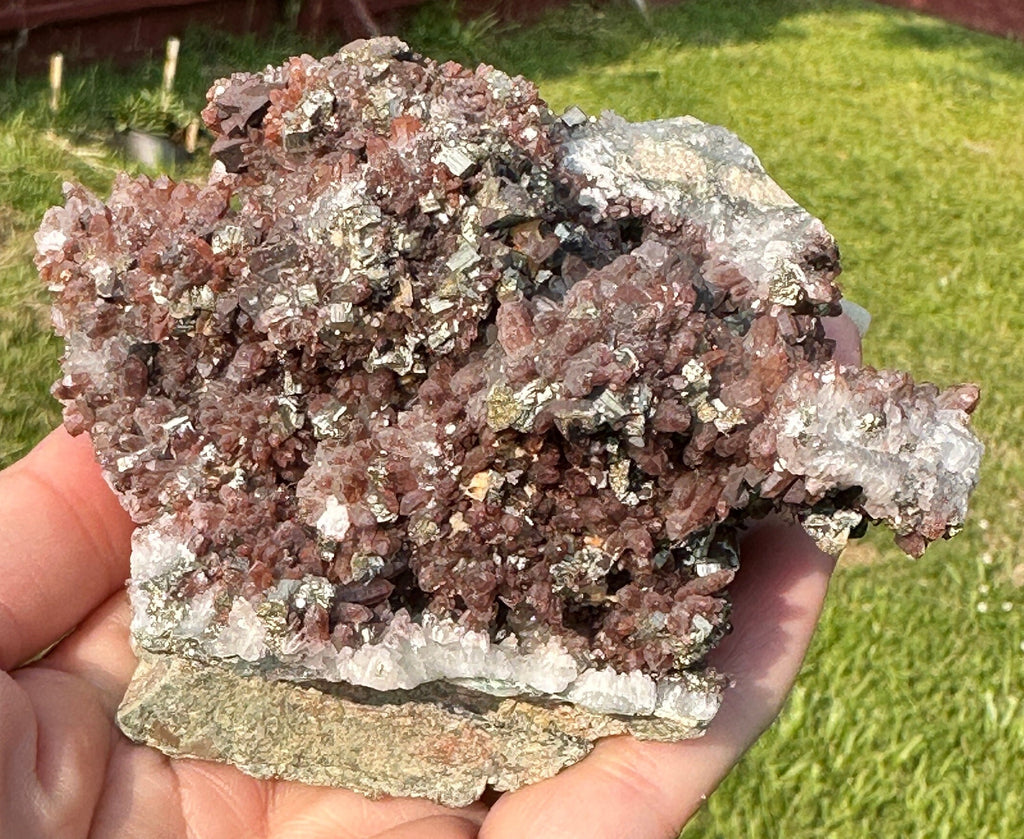 535 Grams Natural Red Phantom Hematite Quartz Cluster with Pyrite and Chalcopyrite