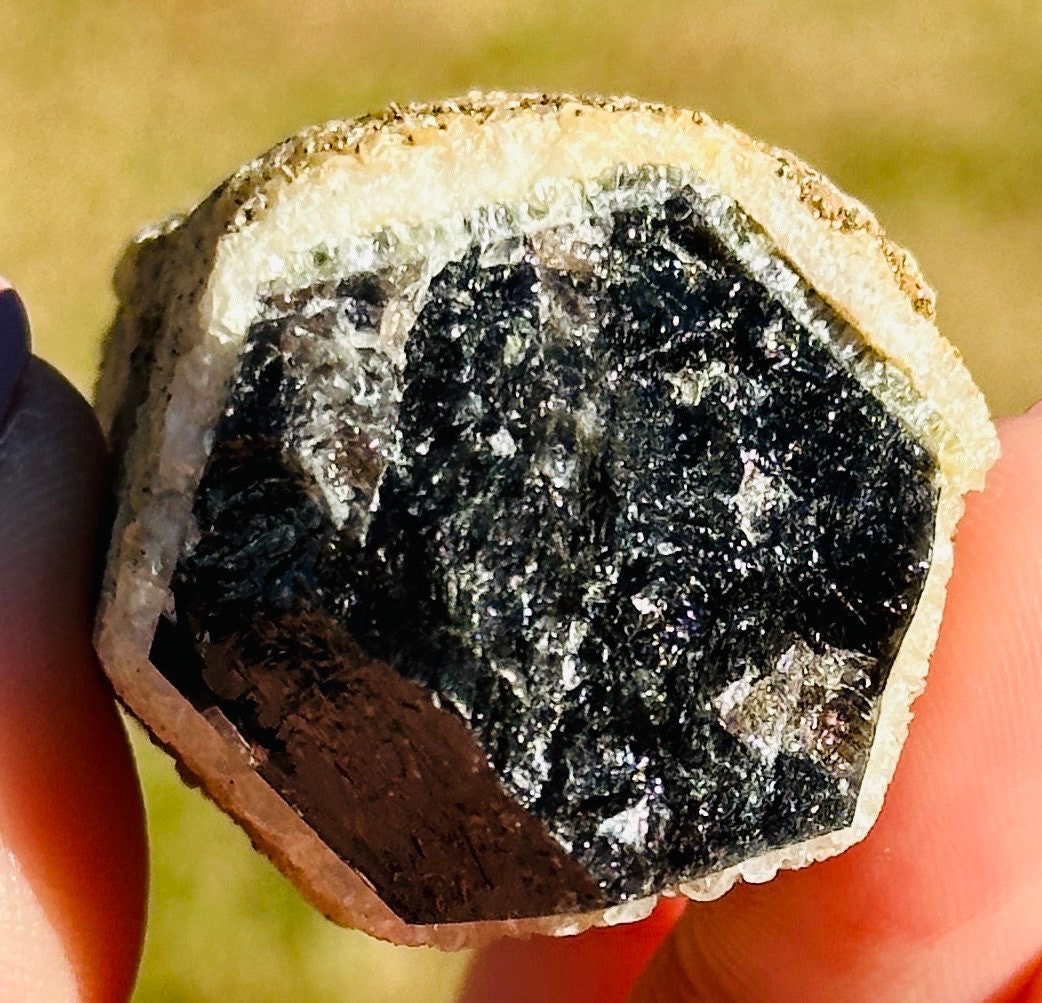 91 Grams Black Morion Quartz covered with Siderite scales and Irrisdecent Chalcopyrite patches