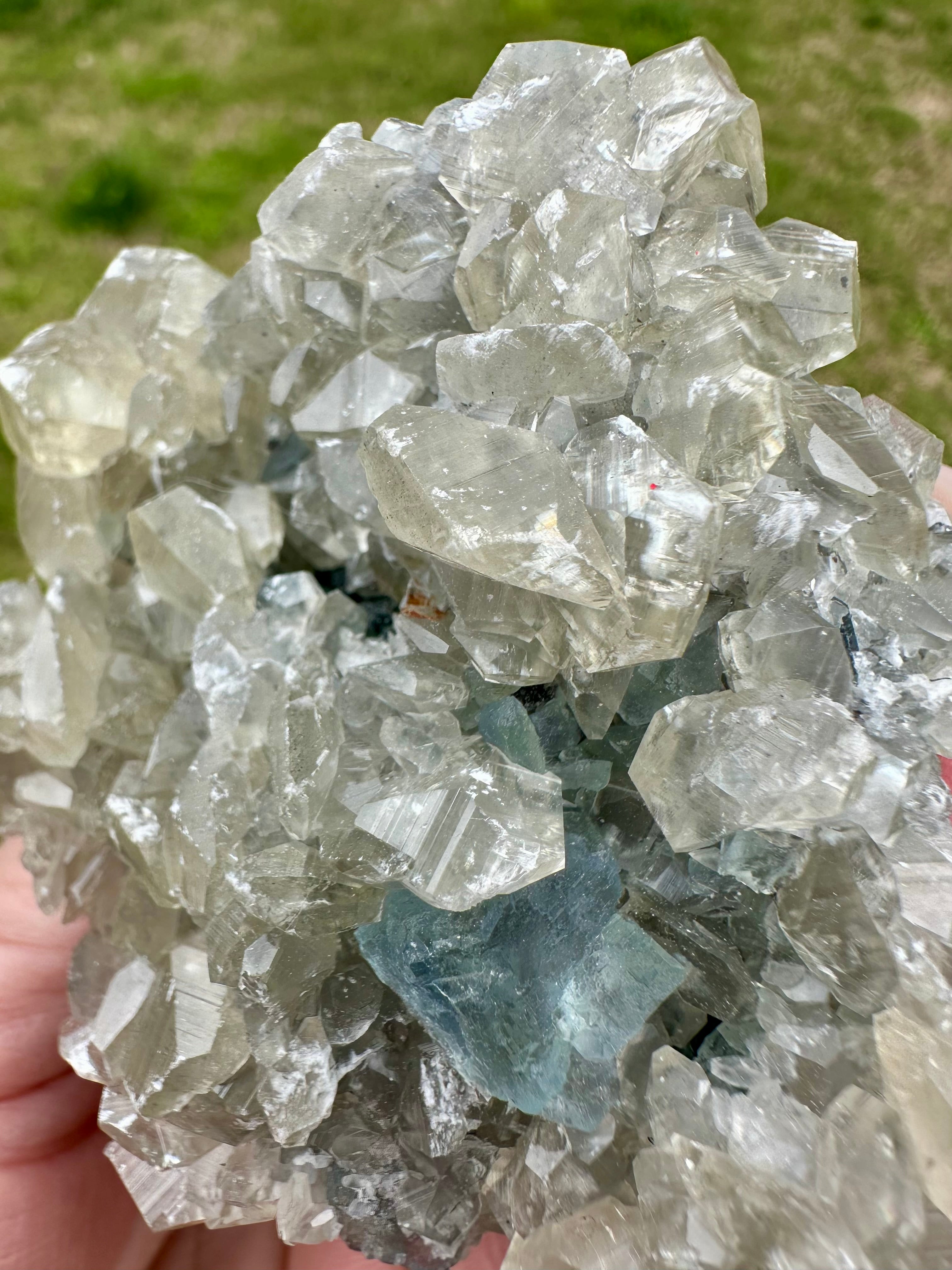Benz Calcite on Blue & Green Fluorite, Xiang Hualing Mine, China